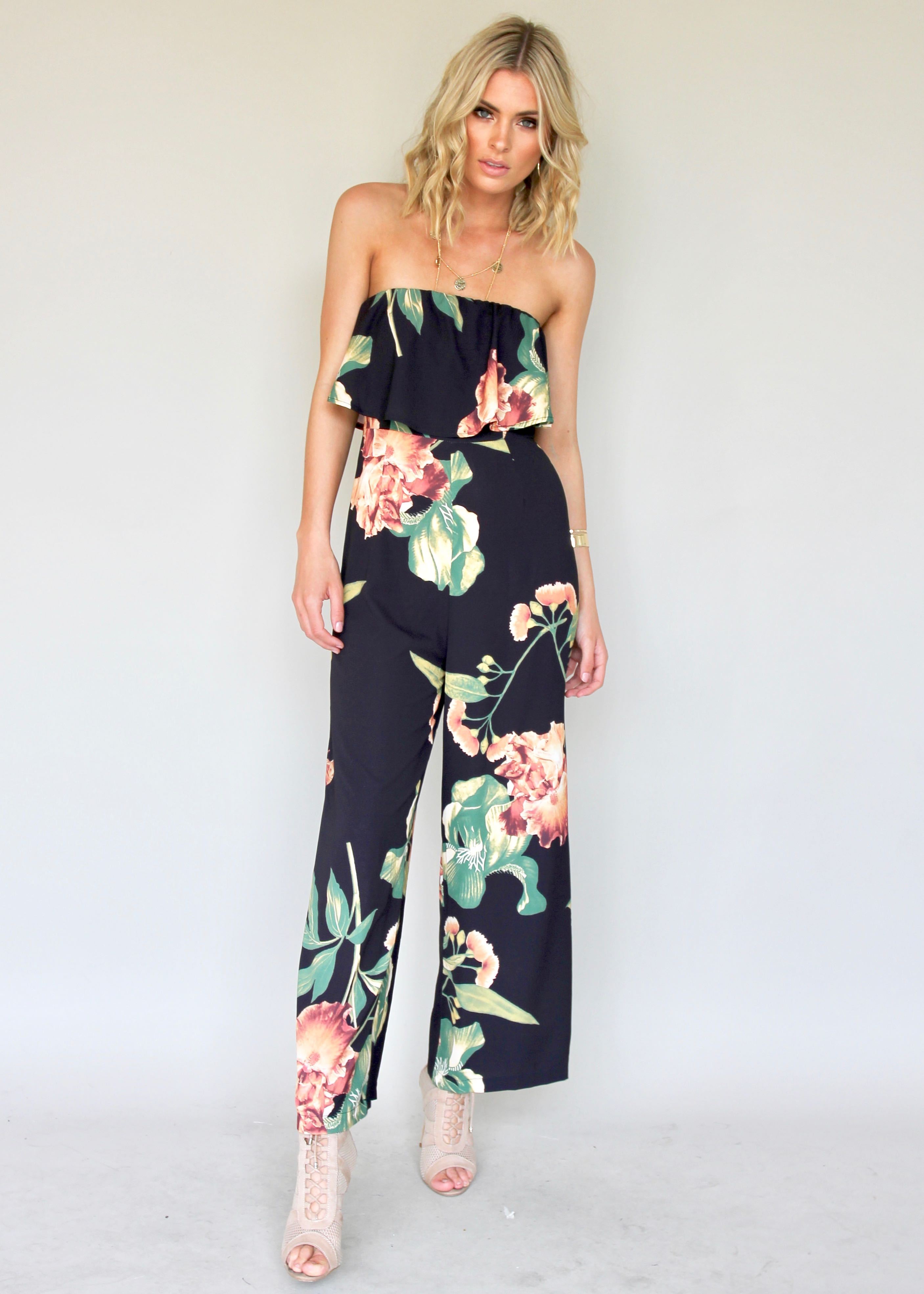 Burning Sun Strapless Pantsuit - Black Floral