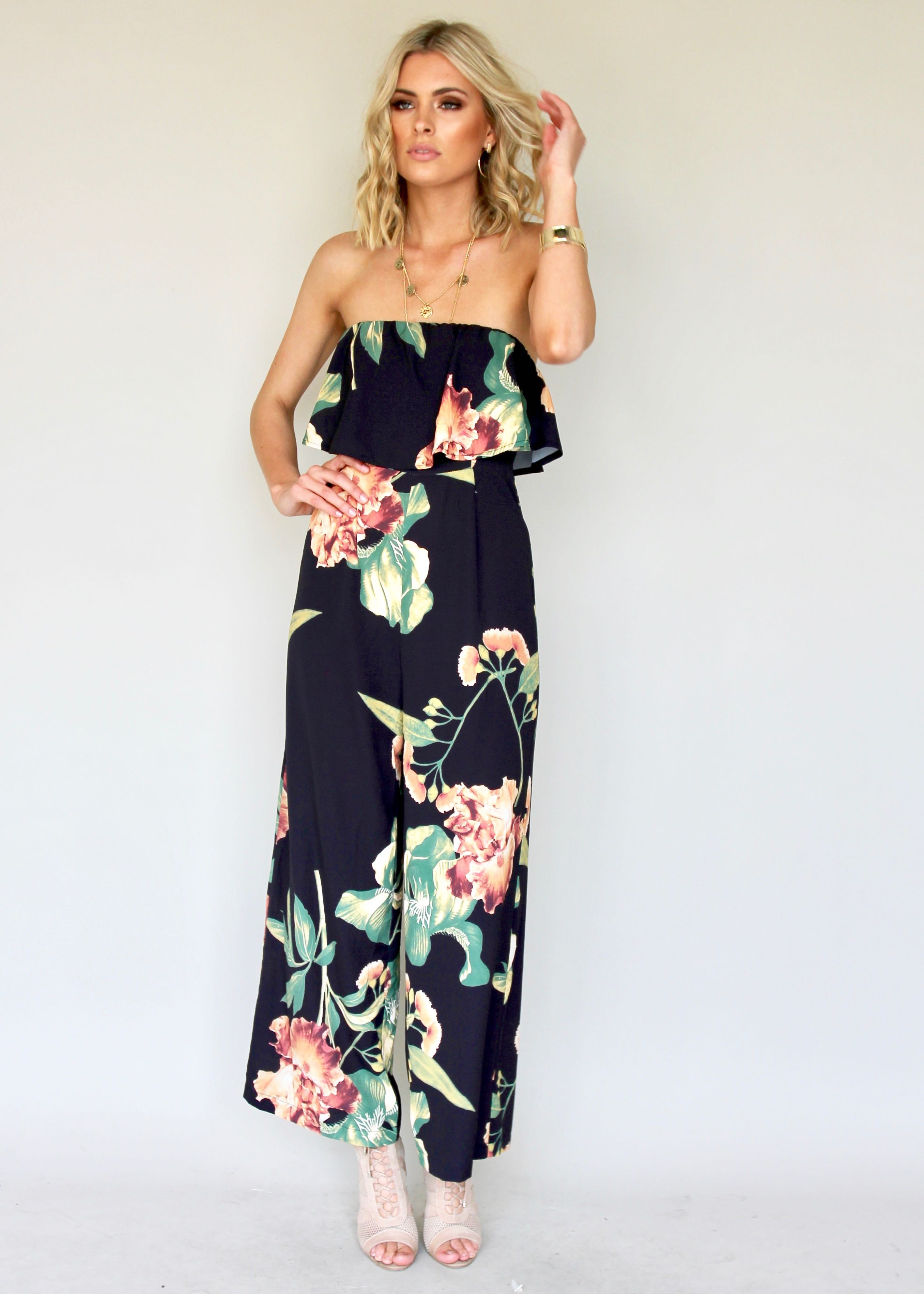 Burning Sun Strapless Pantsuit - Black Floral