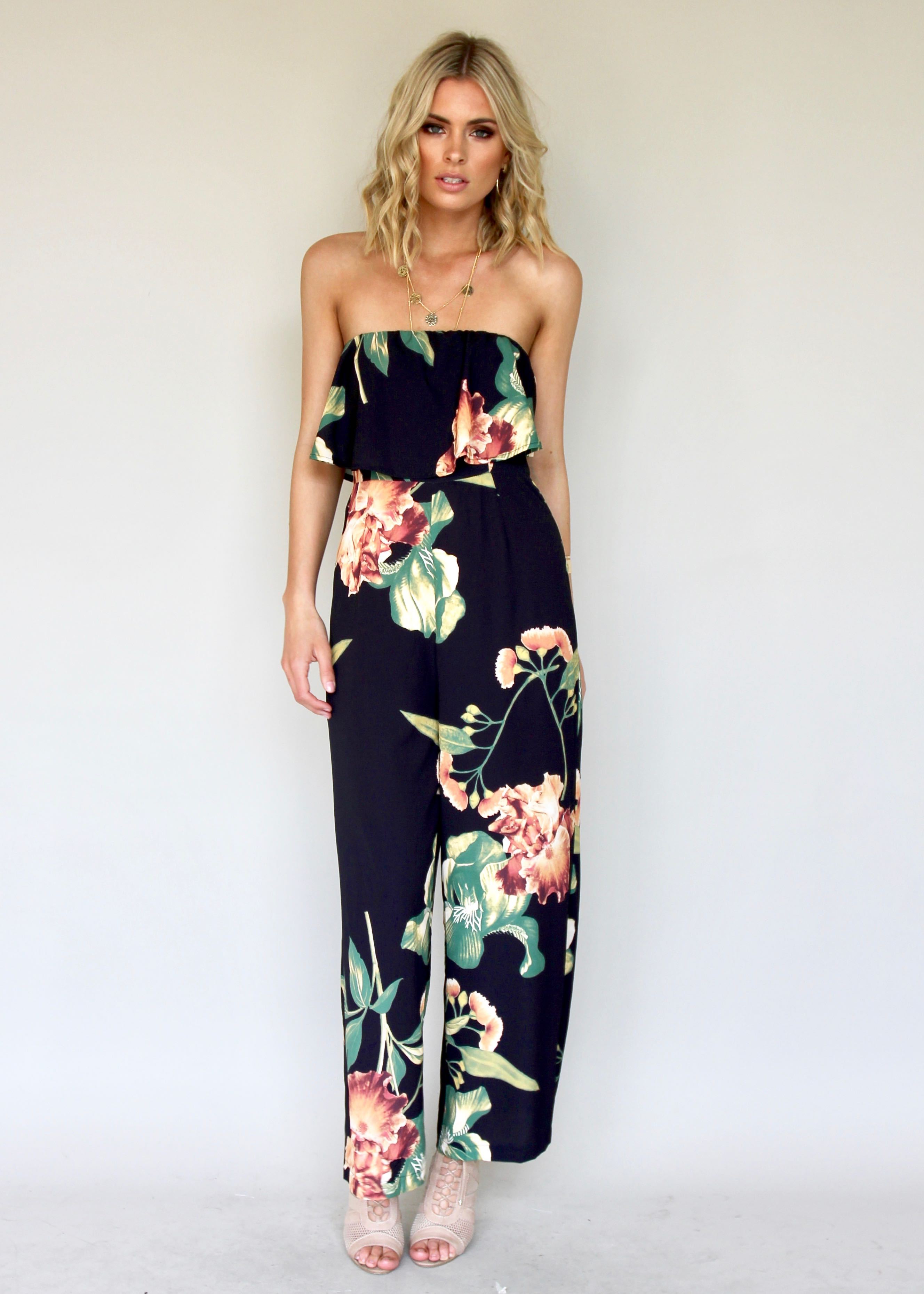 Burning Sun Strapless Pantsuit - Black Floral