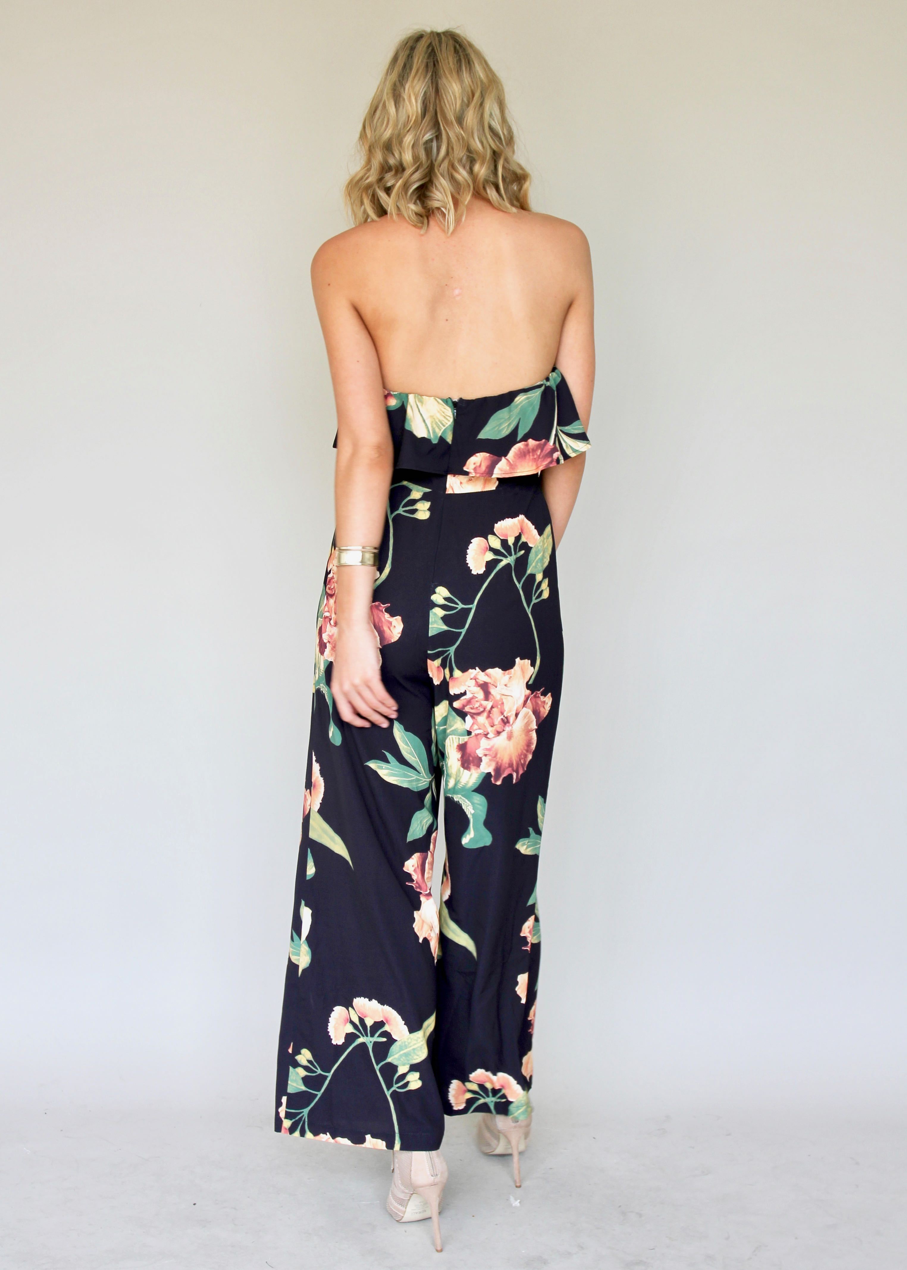 Burning Sun Strapless Pantsuit - Black Floral