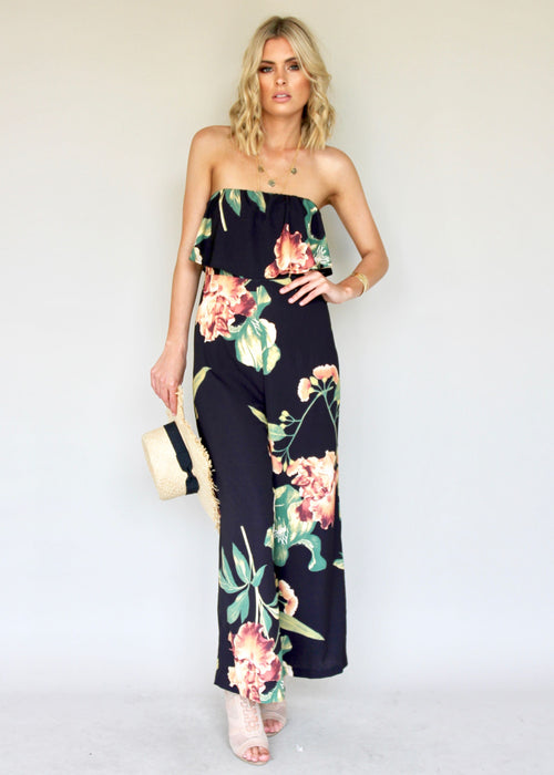 Burning Sun Strapless Pantsuit - Black Floral