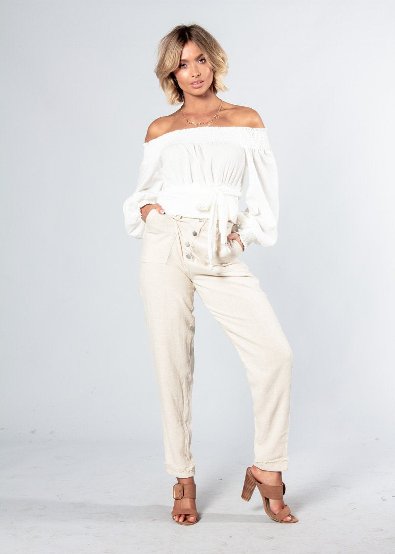 Just A Stranger Linen Look Pants w/ Tie - Natural