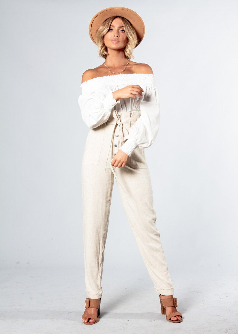 Just A Stranger Linen Look Pants w/ Tie - Natural