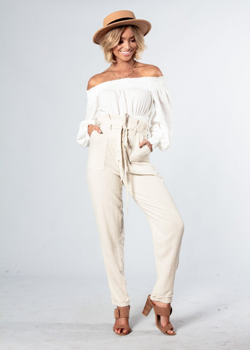 Just A Stranger Linen Look Pants w/ Tie - Natural