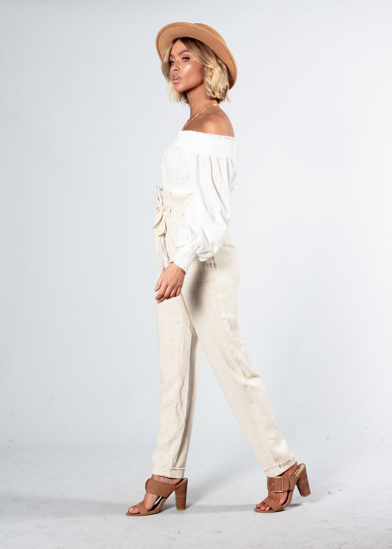Just A Stranger Linen Look Pants w/ Tie - Natural