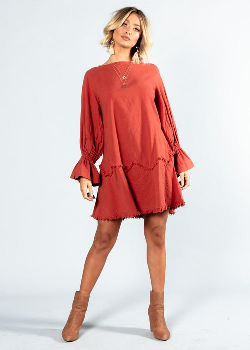 Bounce Back Frayed Dress - Rust