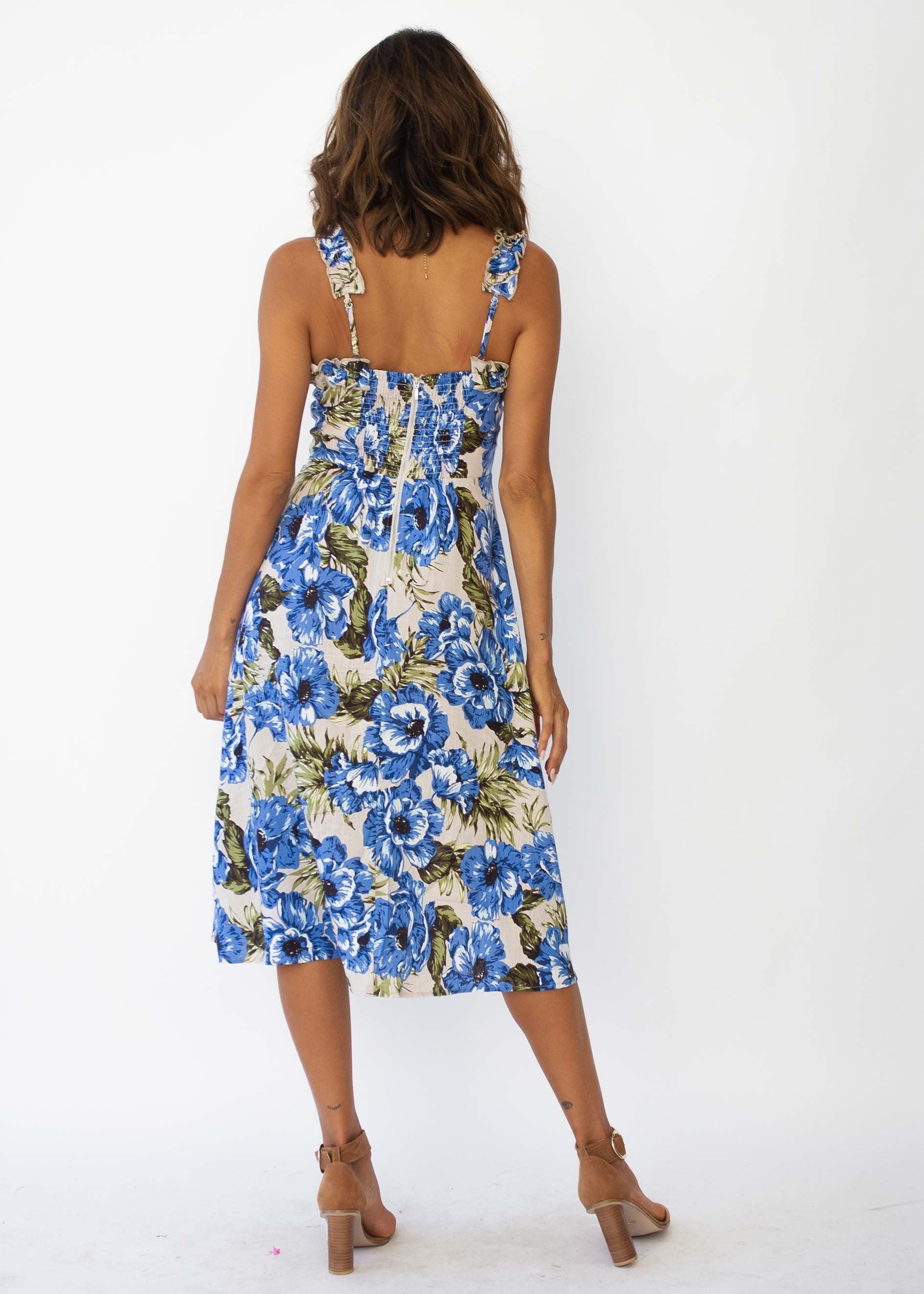 My Only Sunshine Linen Midi Dress - Blue Floral
