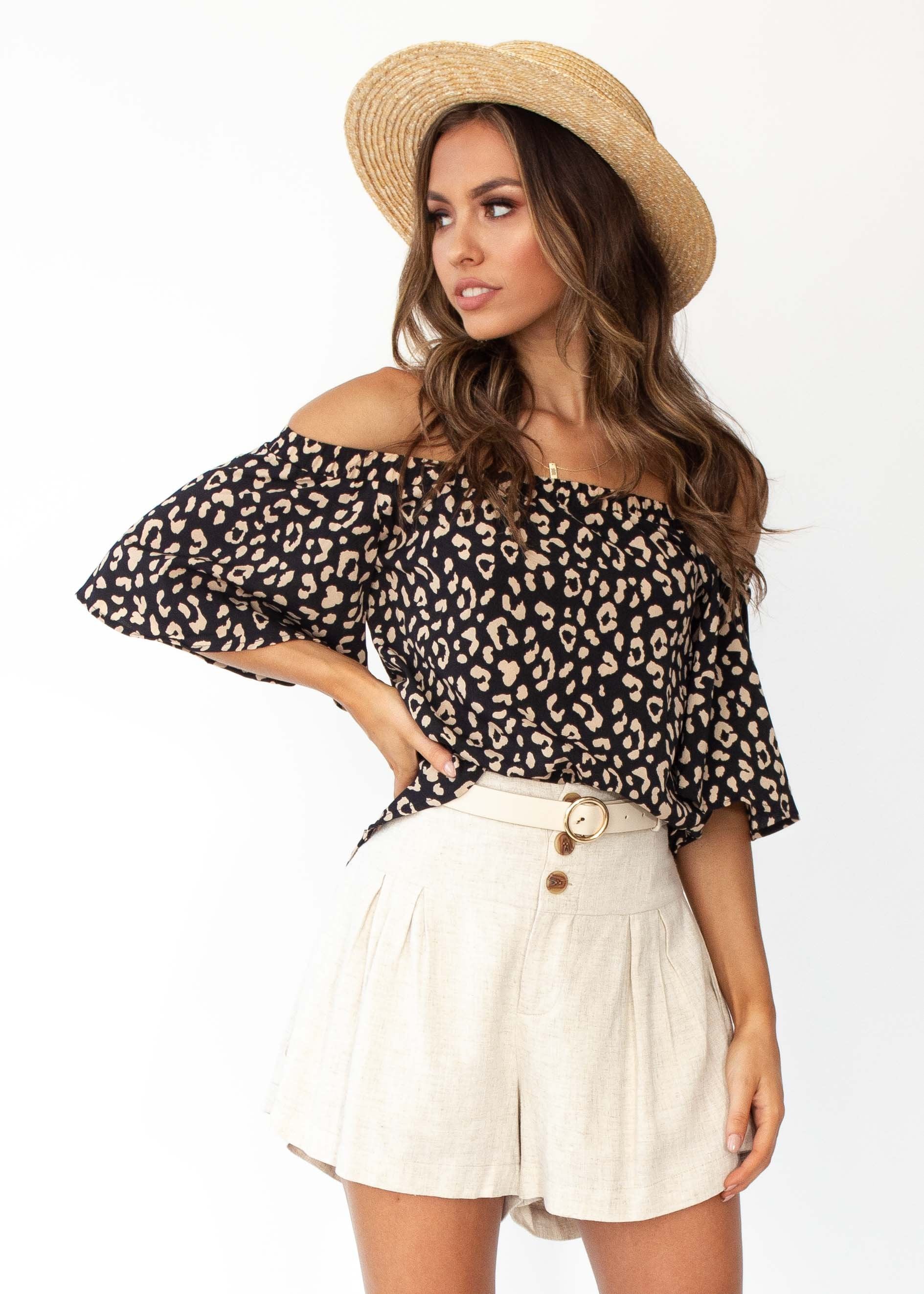 Women's Dare To Try Off Shoulder Top - Black Beige Print