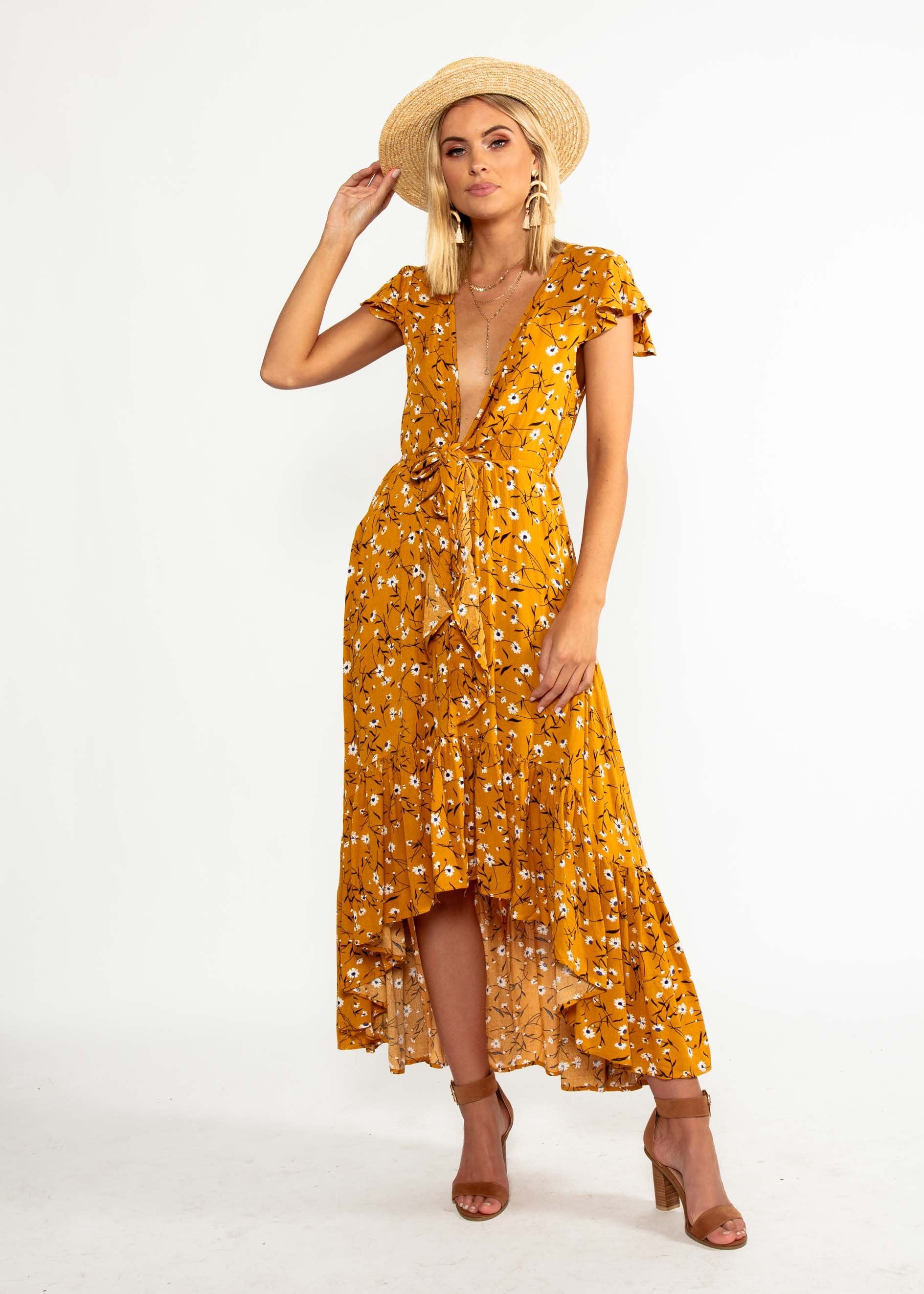Sandra Hi-Lo Midi Dress - Mustard Floral