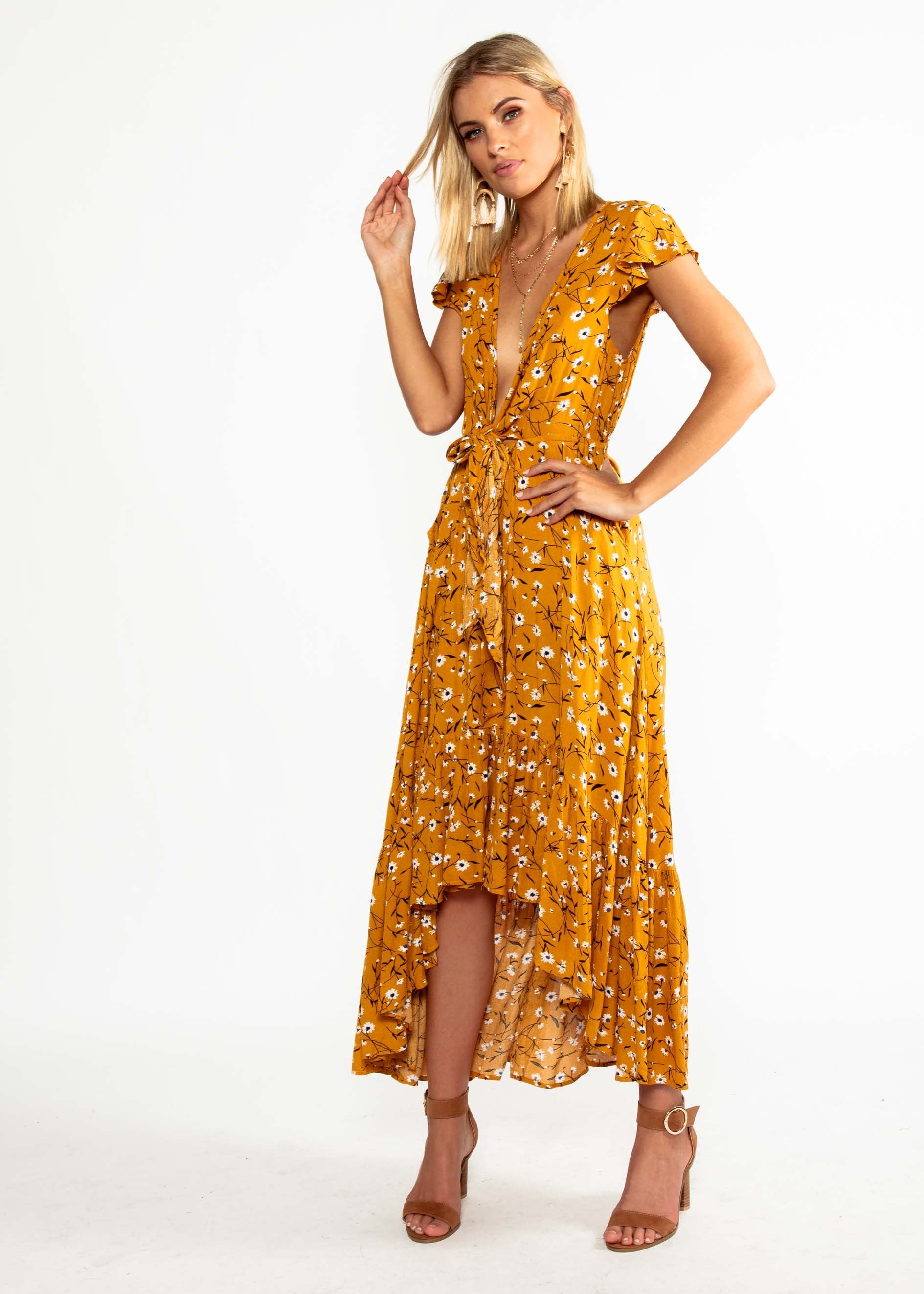 Sandra Hi-Lo Midi Dress - Mustard Floral
