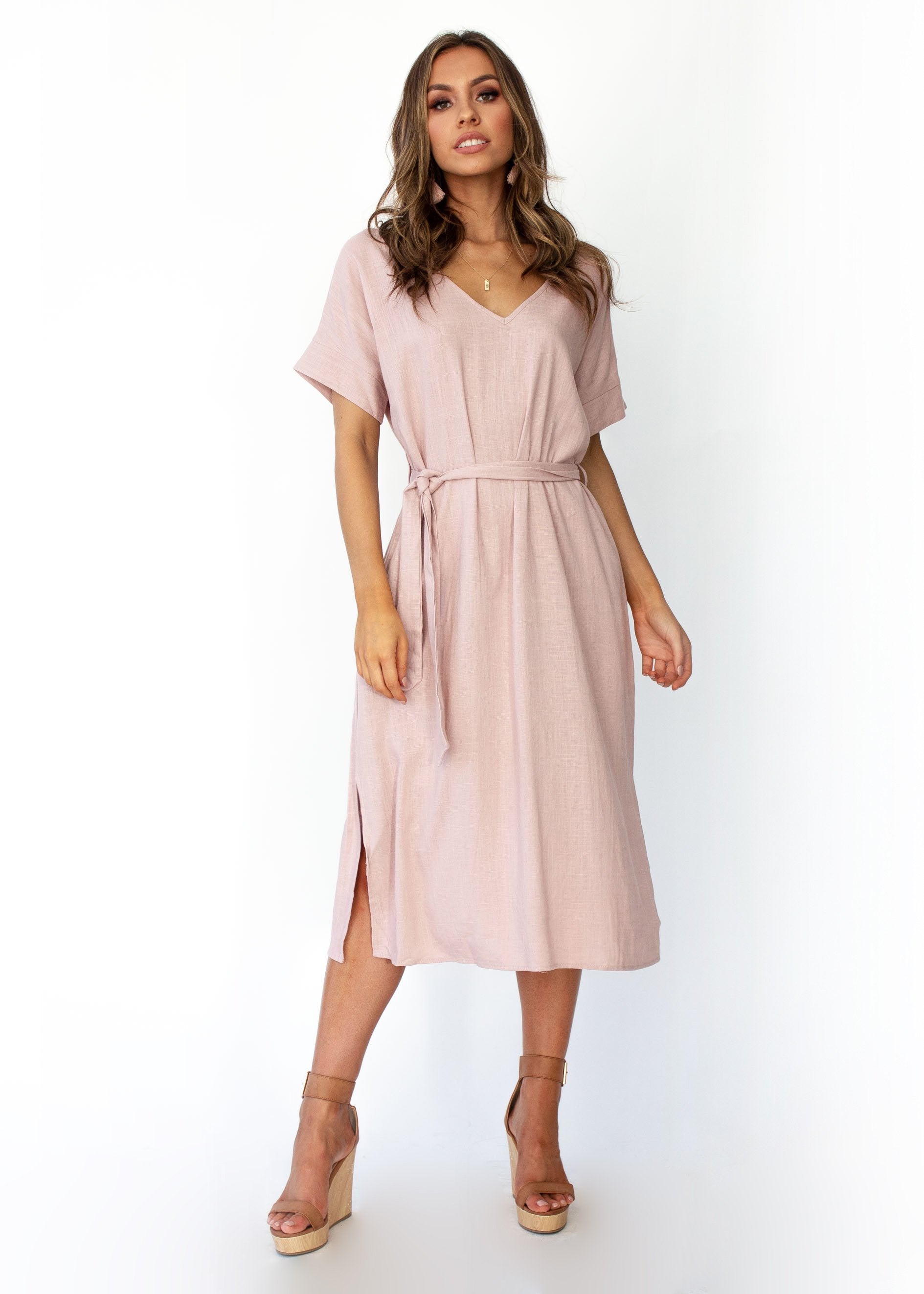 Bayside Linen Midi Dress - Blush