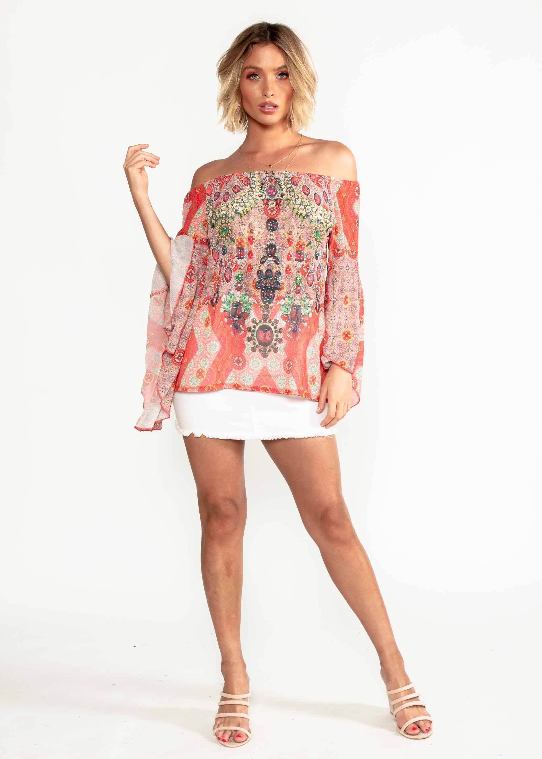 Sacramento Off Shoulder Chiffon Top - Summer Spritz