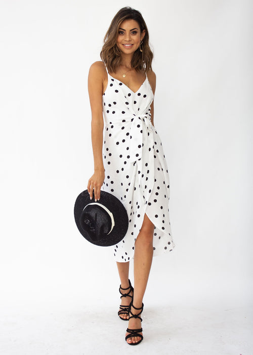 Never Be The Same Linen Midi Dress - White Polka