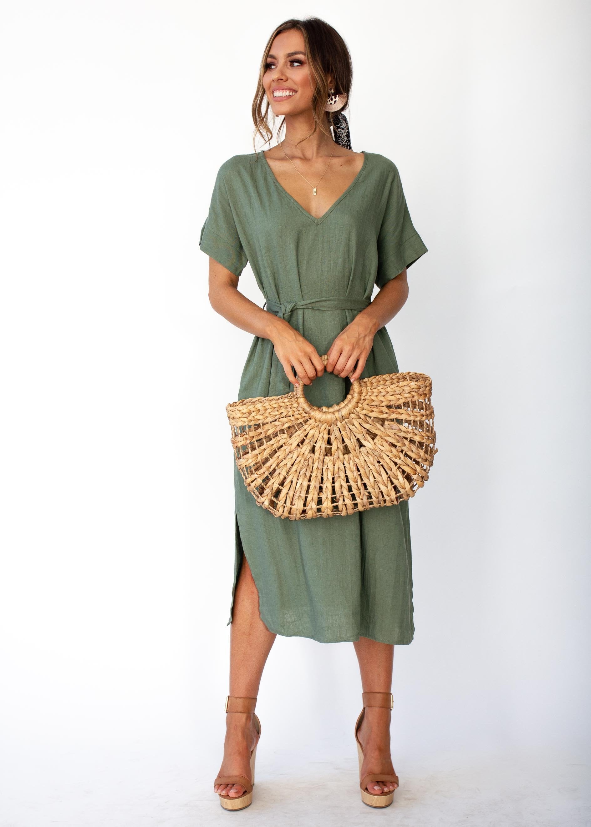 Women's Bayside Linen Midi Dress - Khaki