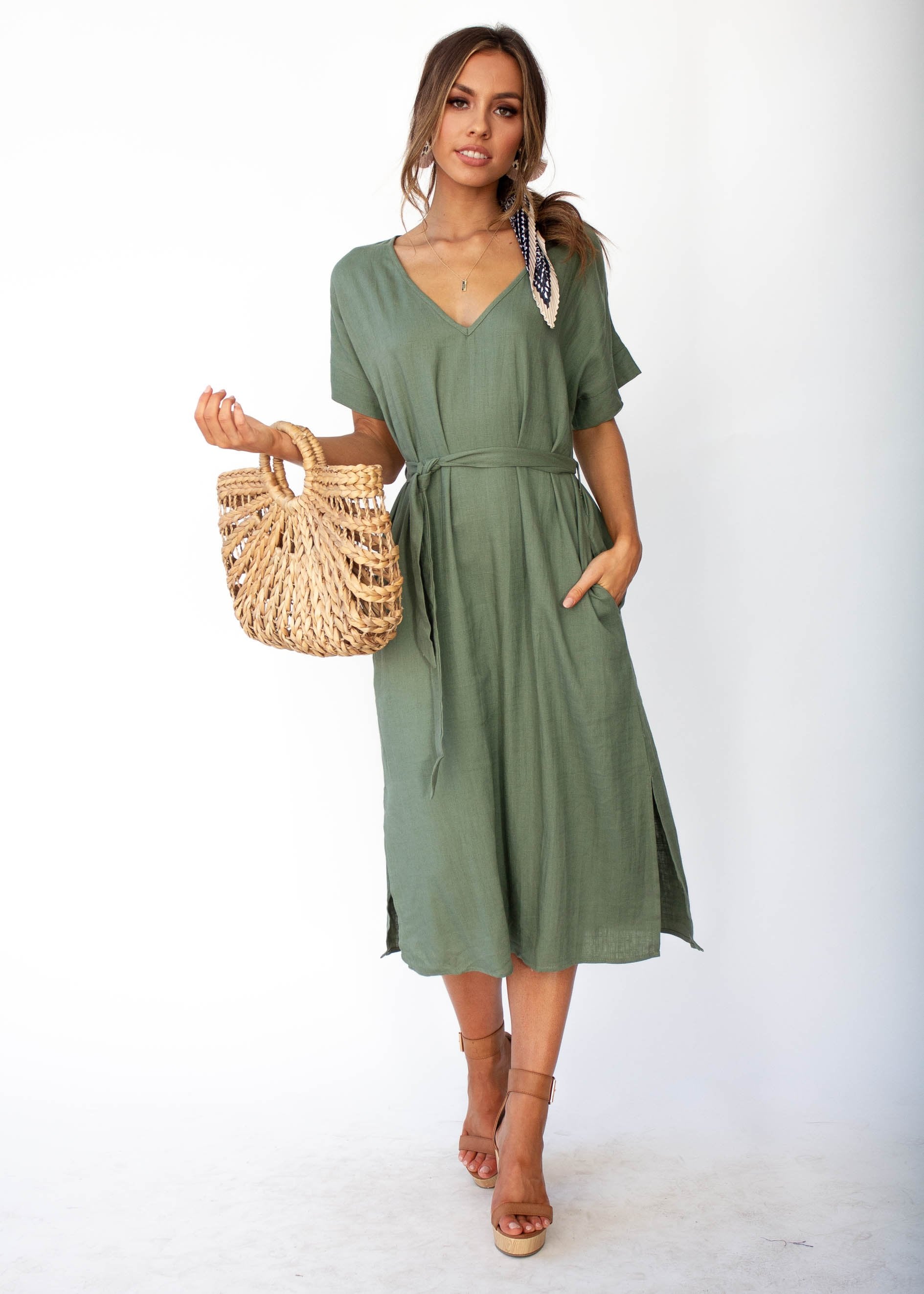 Bayside Linen Midi Dress - Khaki