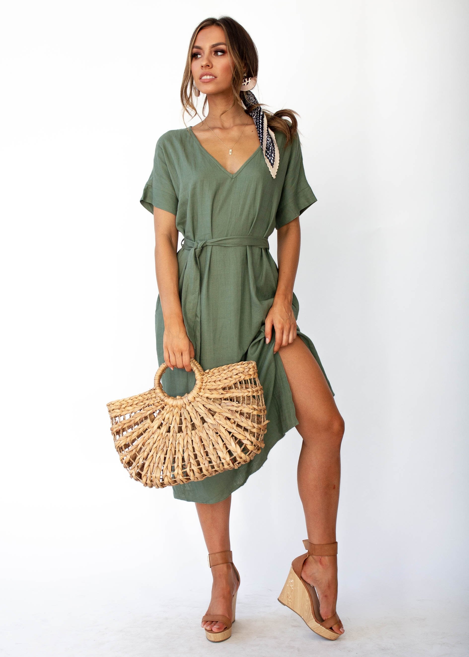 Bayside Linen Midi Dress - Khaki