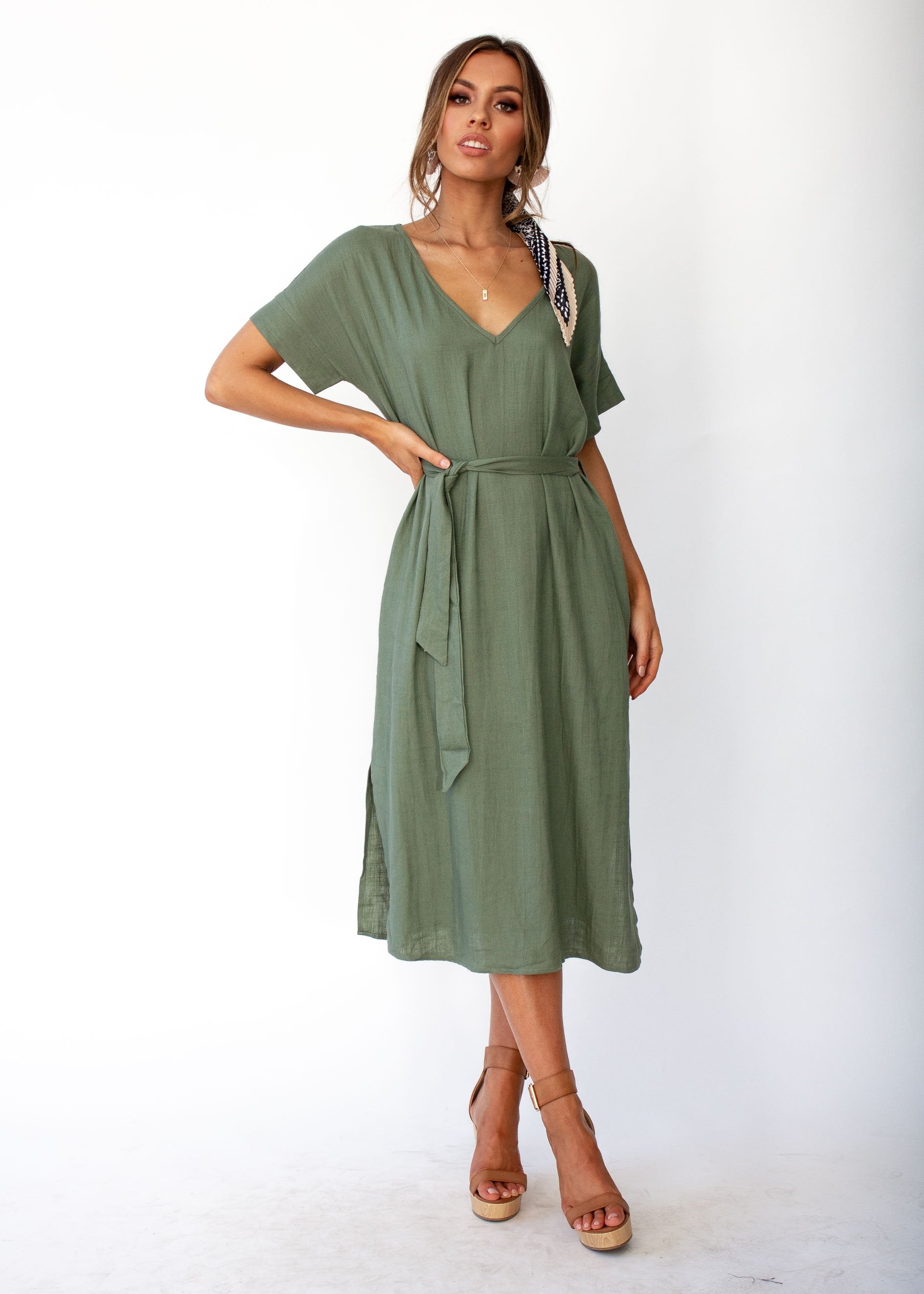 Bayside Linen Midi Dress - Khaki