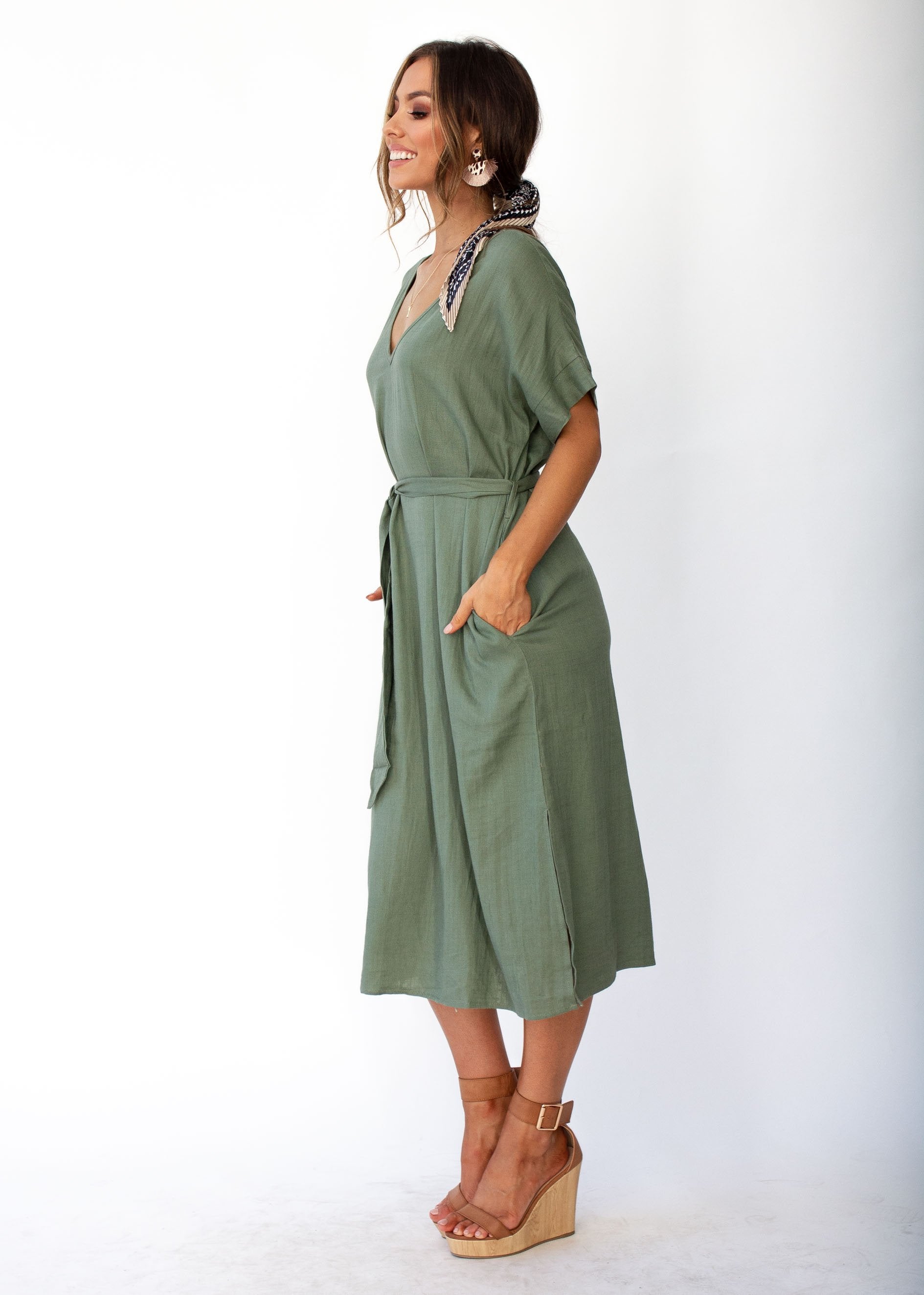 Bayside Linen Midi Dress - Khaki