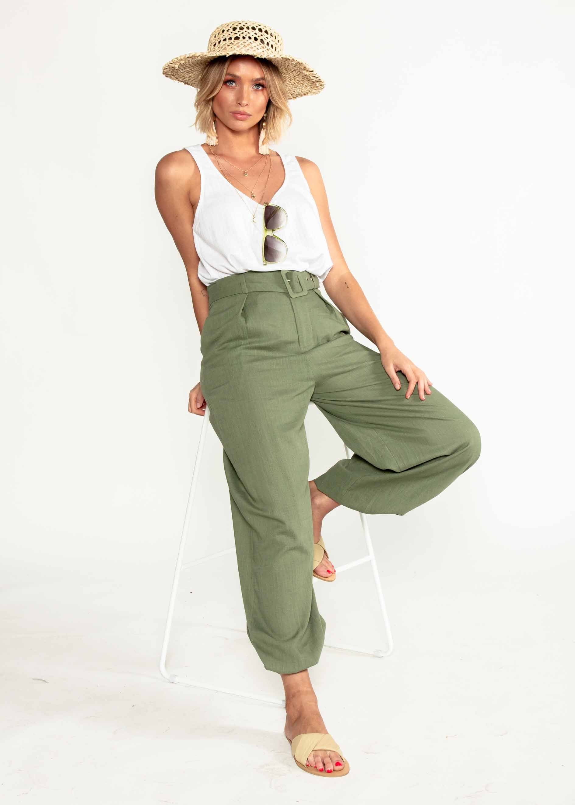 Balmy Dreams Linen Look Pants w/ Belt - Khaki