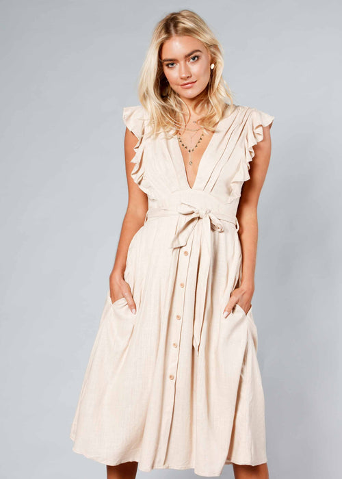 Raegan Linen Midi Dress w/ Tie - Beige