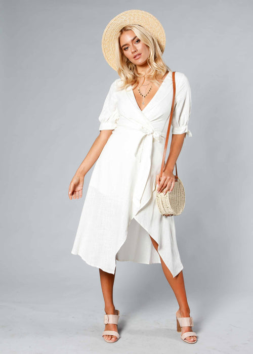 Voyage Linen Midi Dress w/ Tie - White