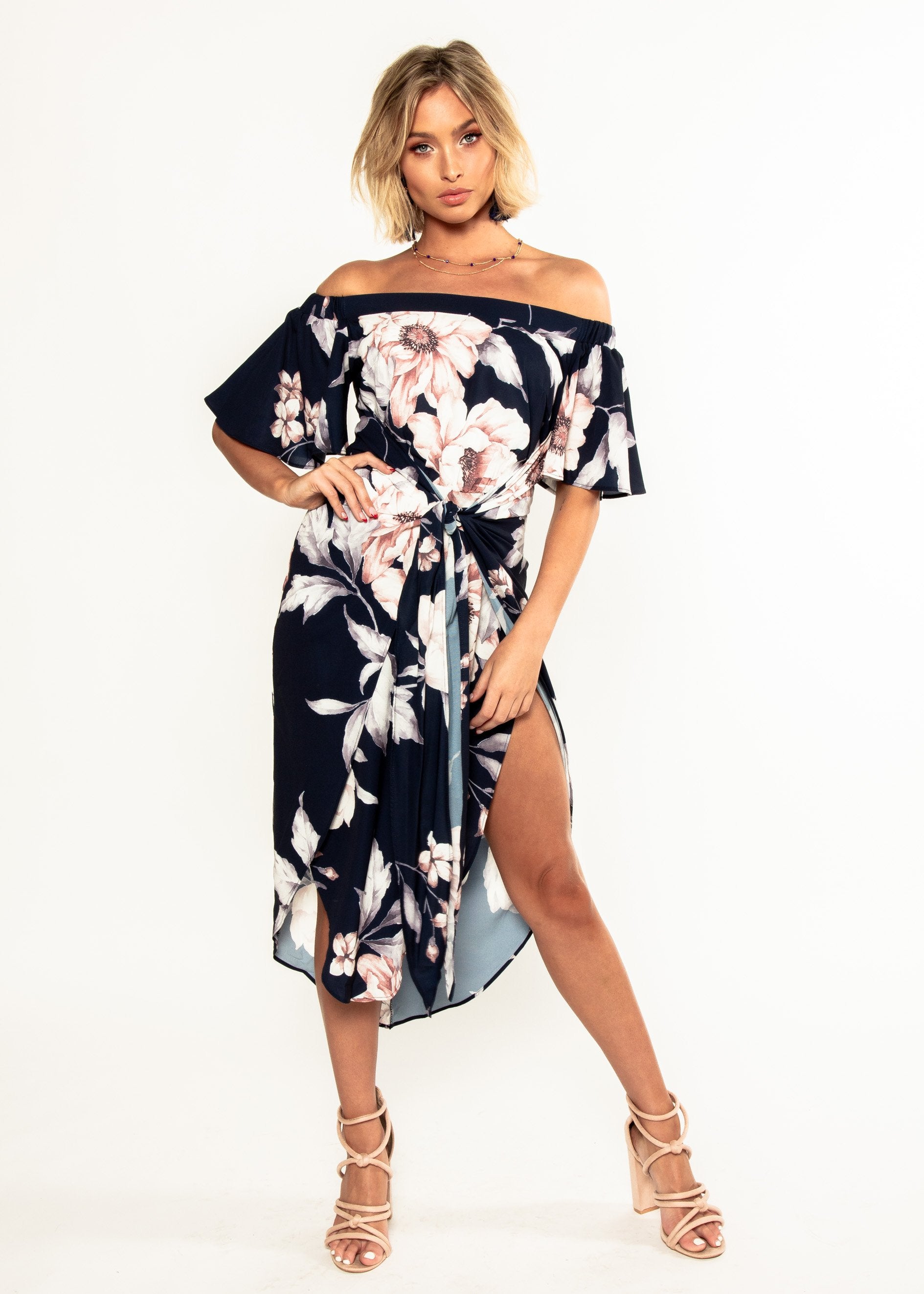 Candid Moment Off Shoulder Midi Dress - Navy Floral