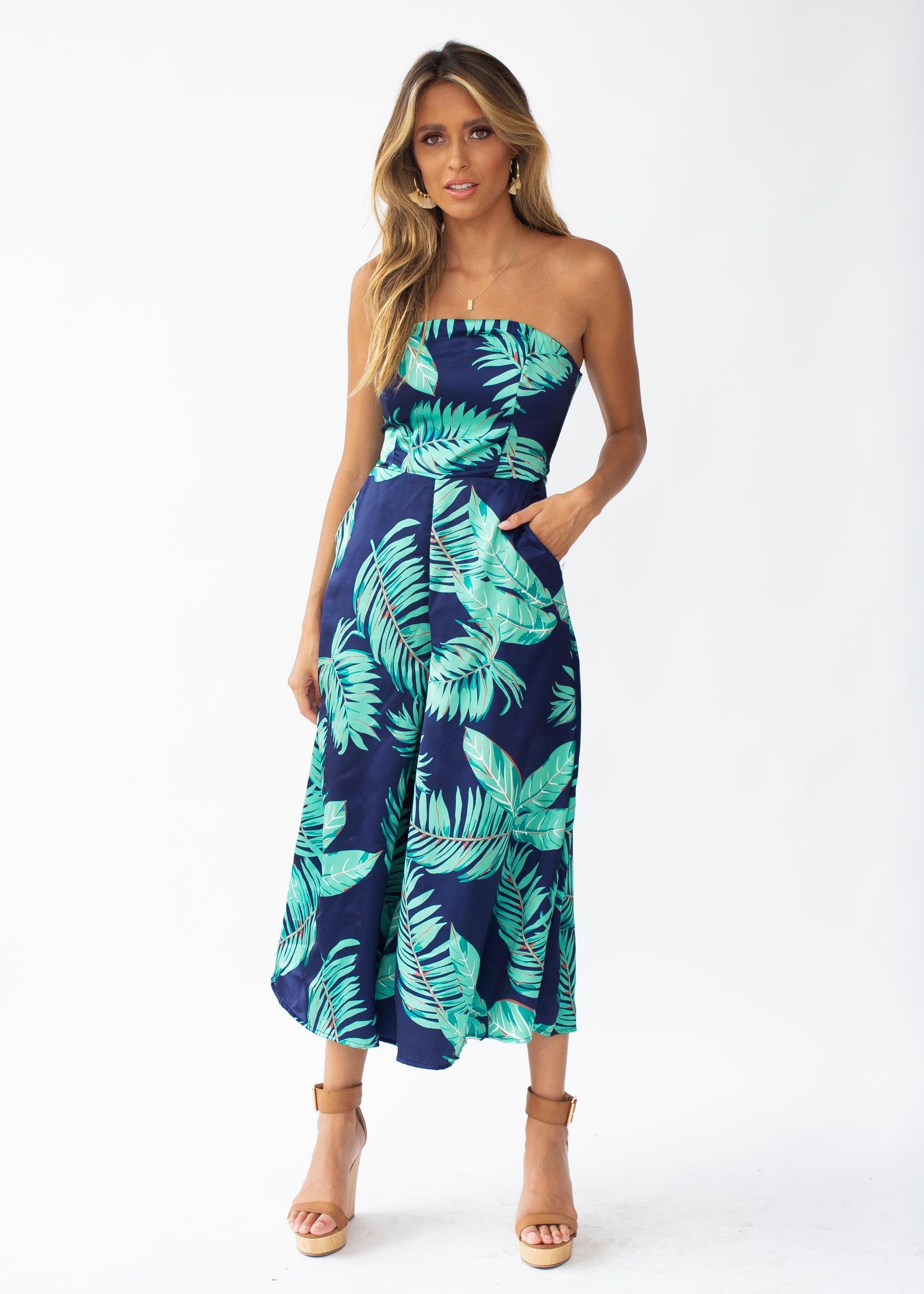 Kaia Strapless Pantsuit - Navy Tropics