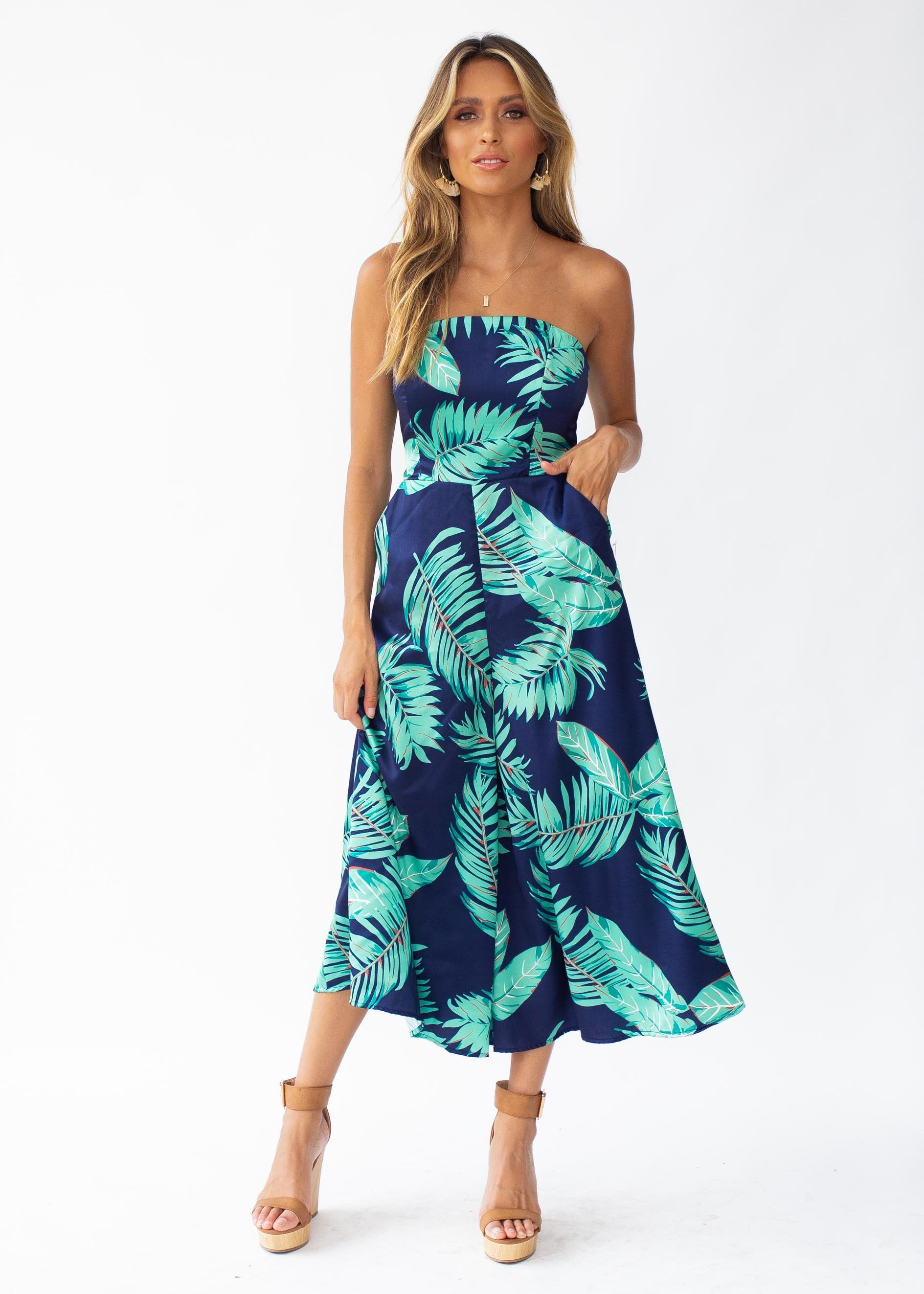 Kaia Strapless Pantsuit - Navy Tropics