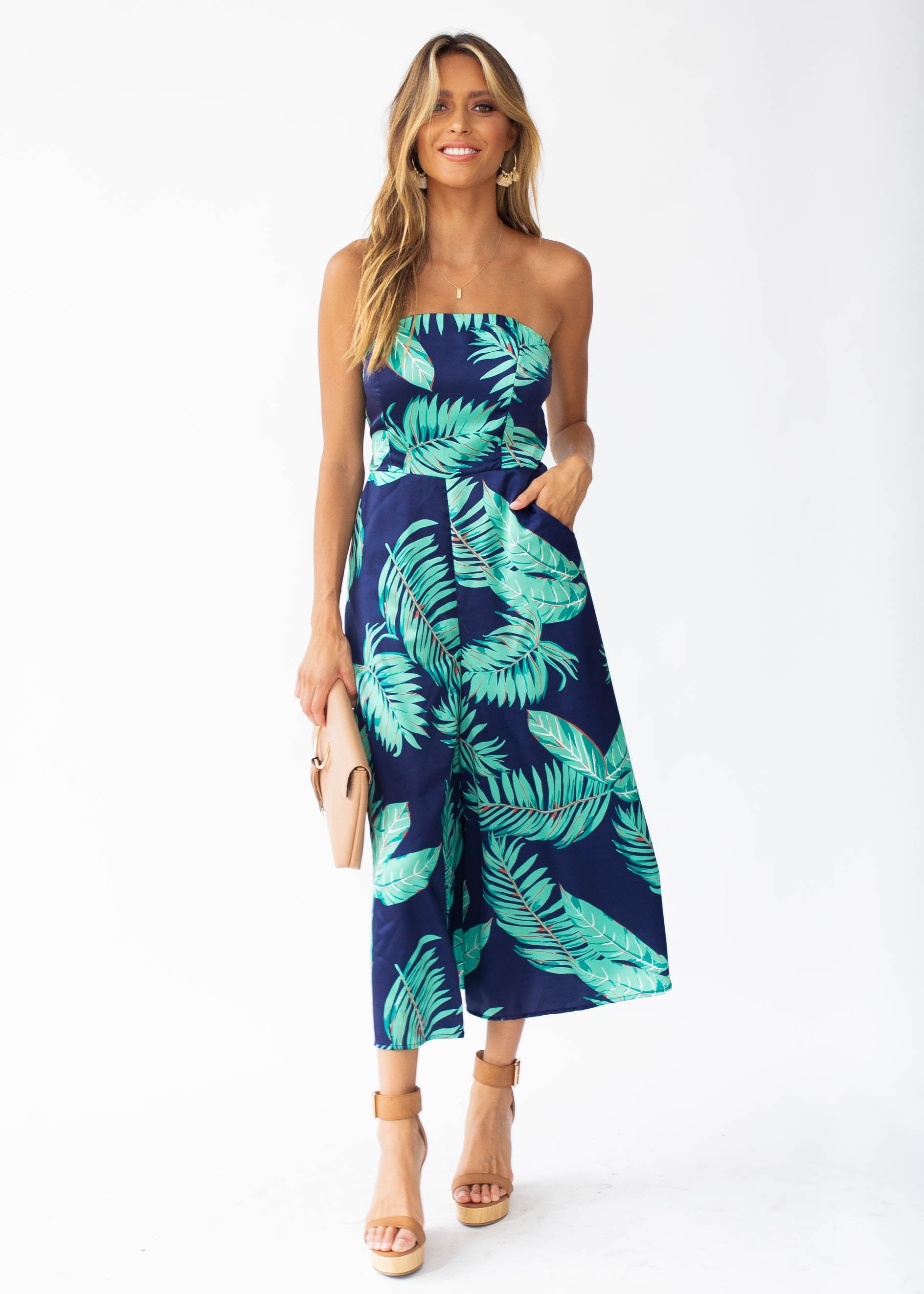 Kaia Strapless Pantsuit - Navy Tropics