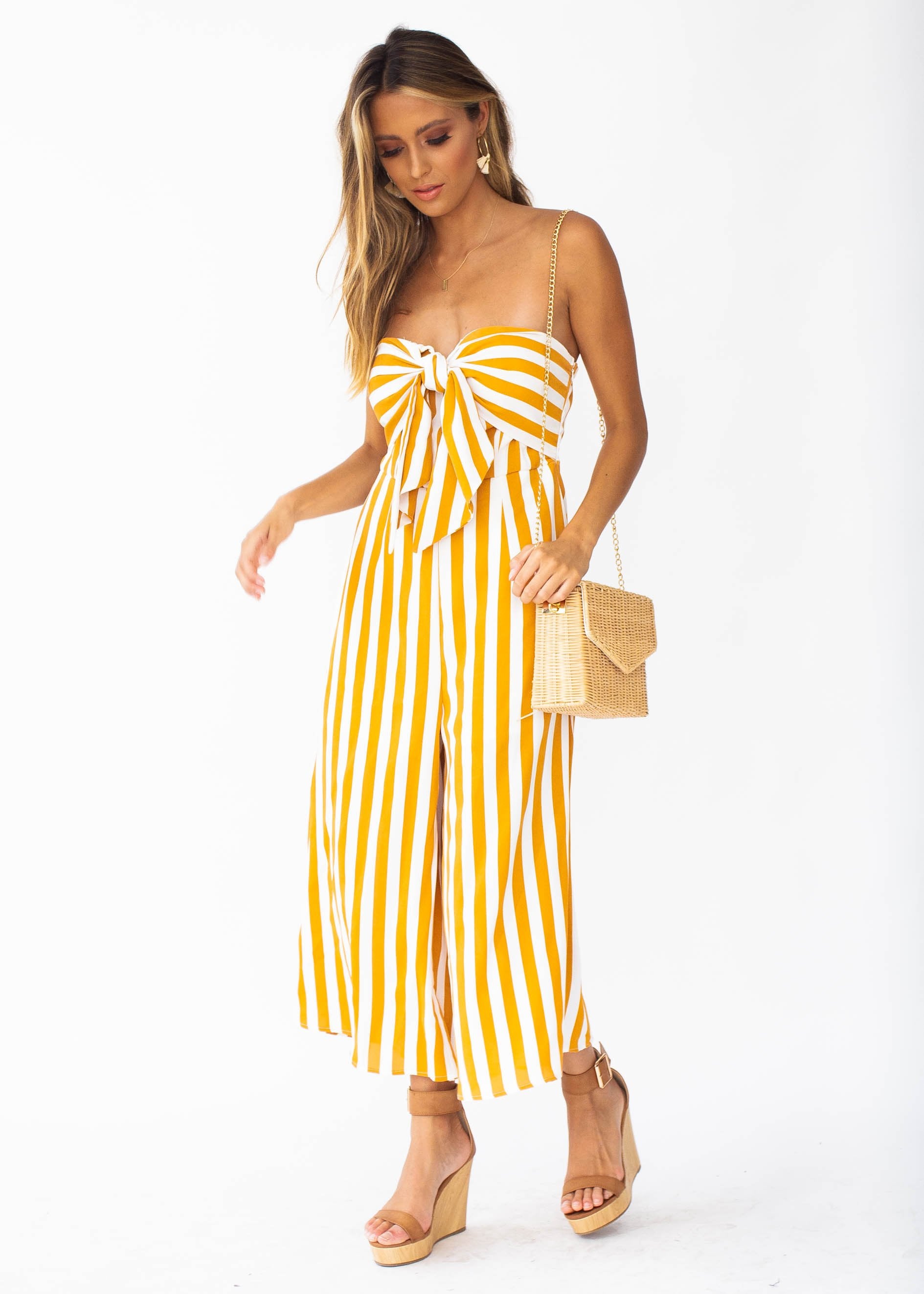 Get To It Strapless Pantsuit - Tangerine Stripe