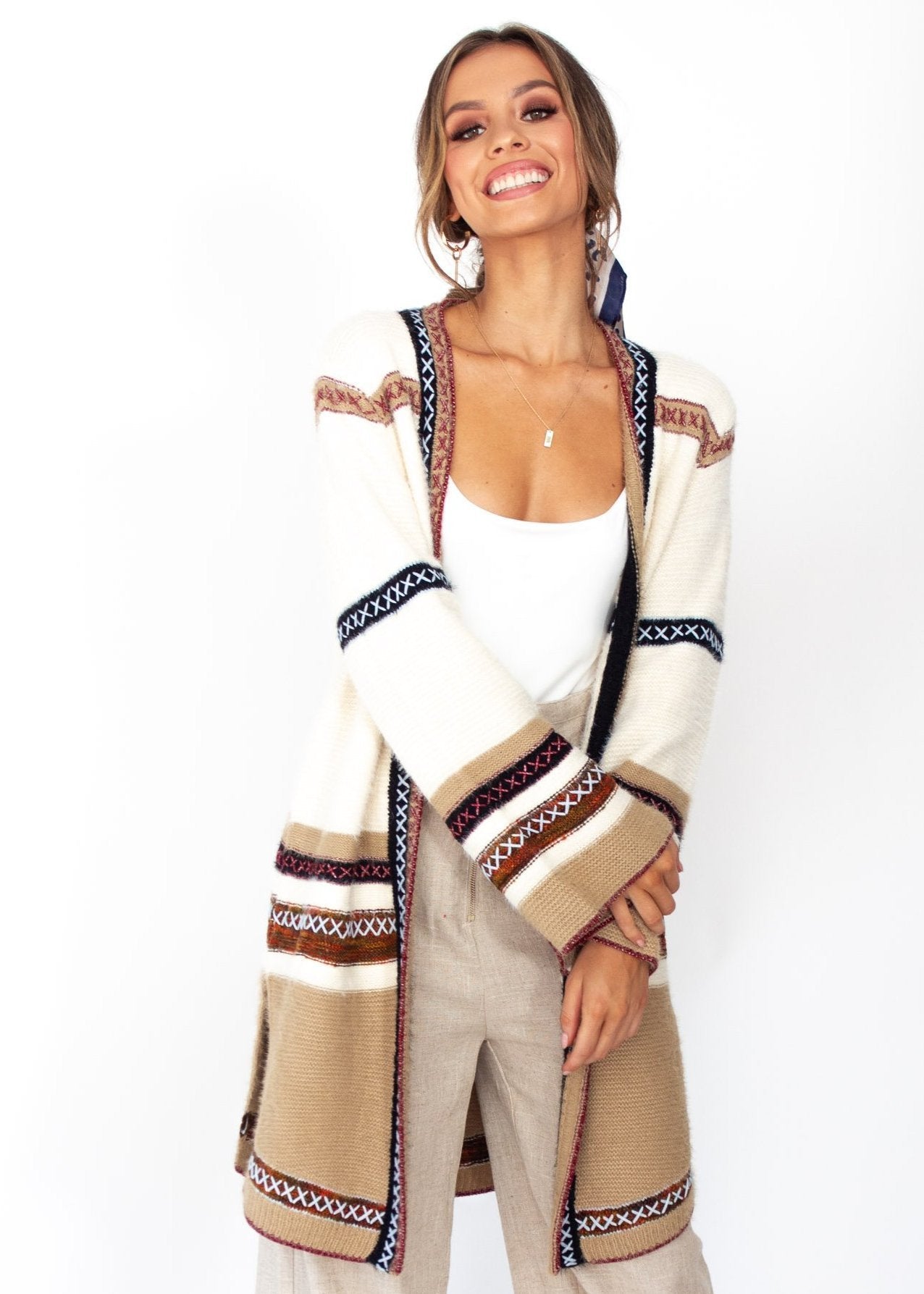 Women's Heath Cross Stitch Cardigan - Cream - Jaase