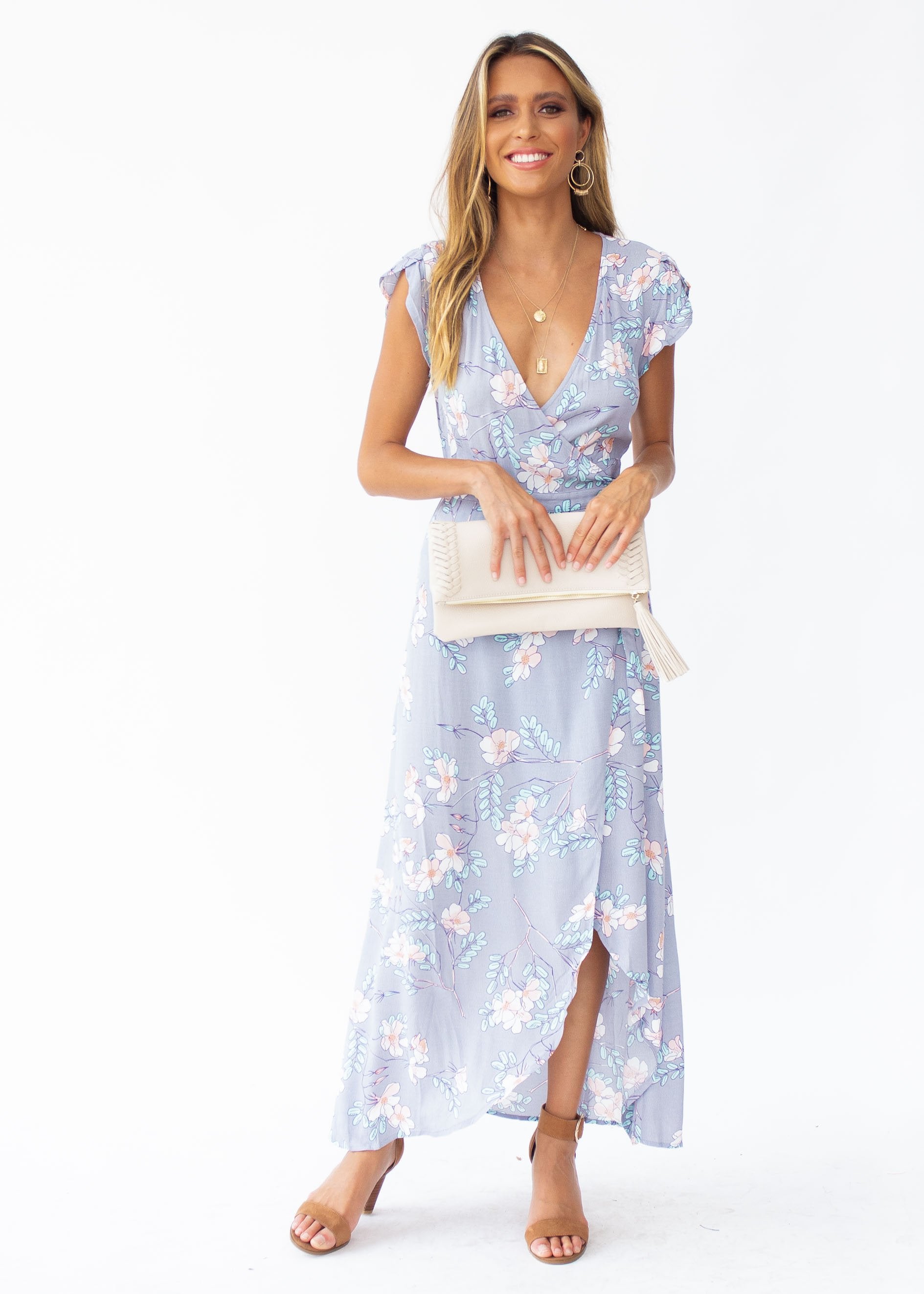 Cortez Maxi Wrap Dress - Silver Skies