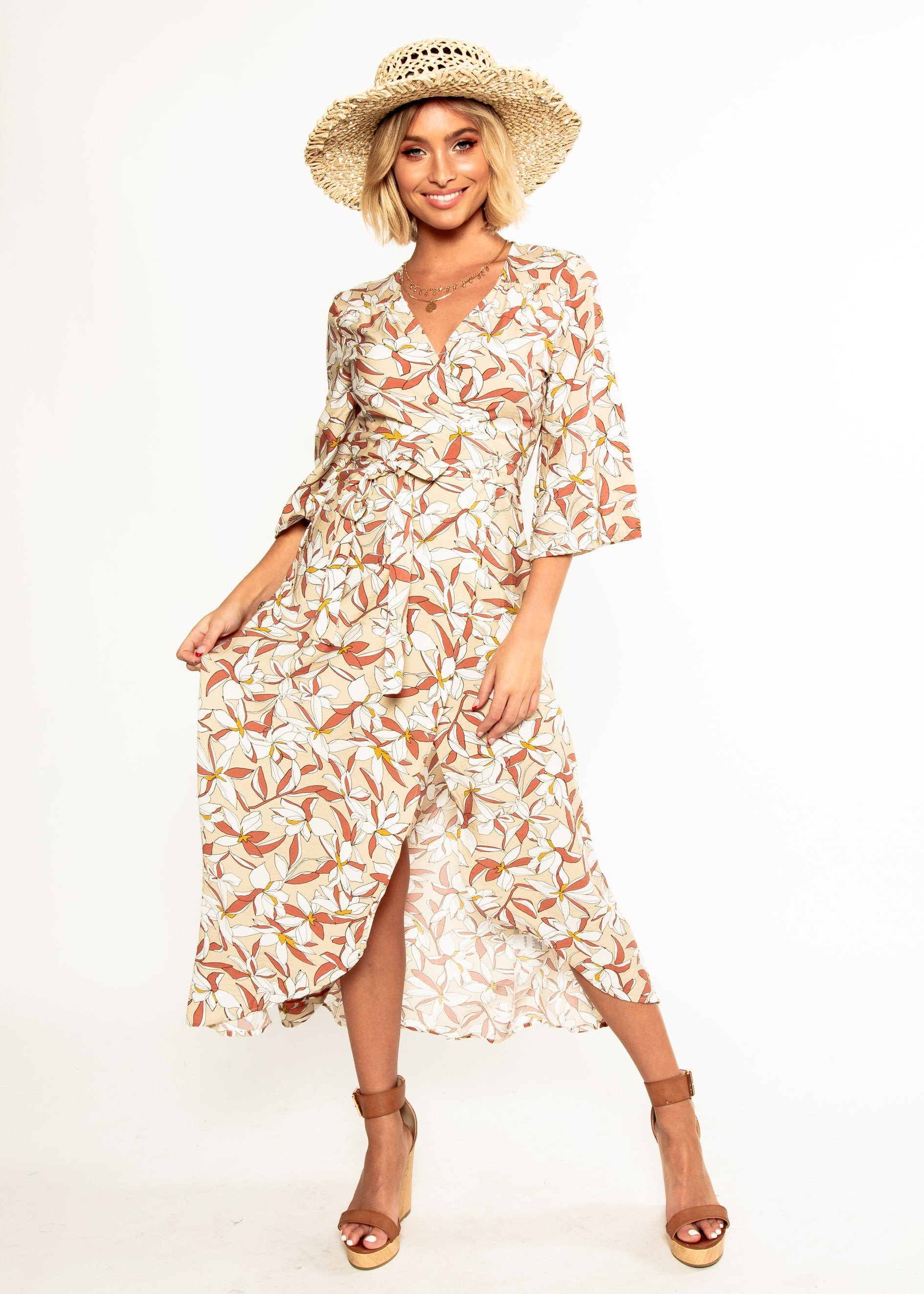 Anabella Maxi Wrap Dress - Tan Floral