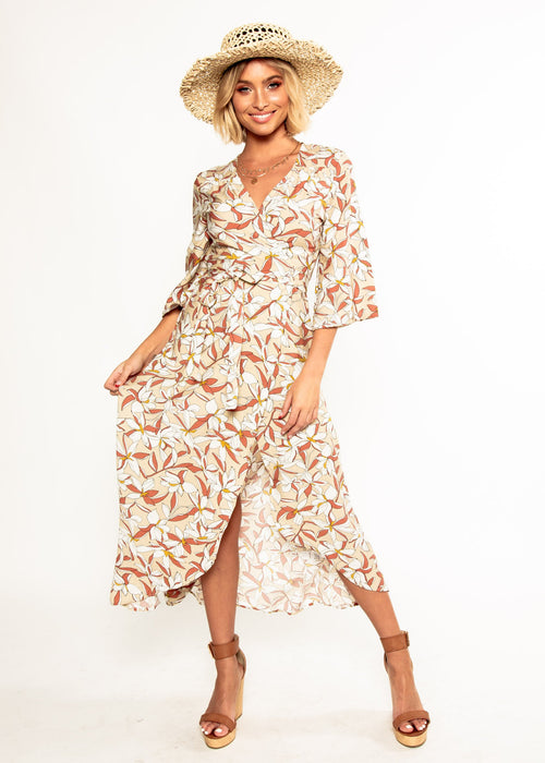 Anabella Maxi Wrap Dress - Tan Floral