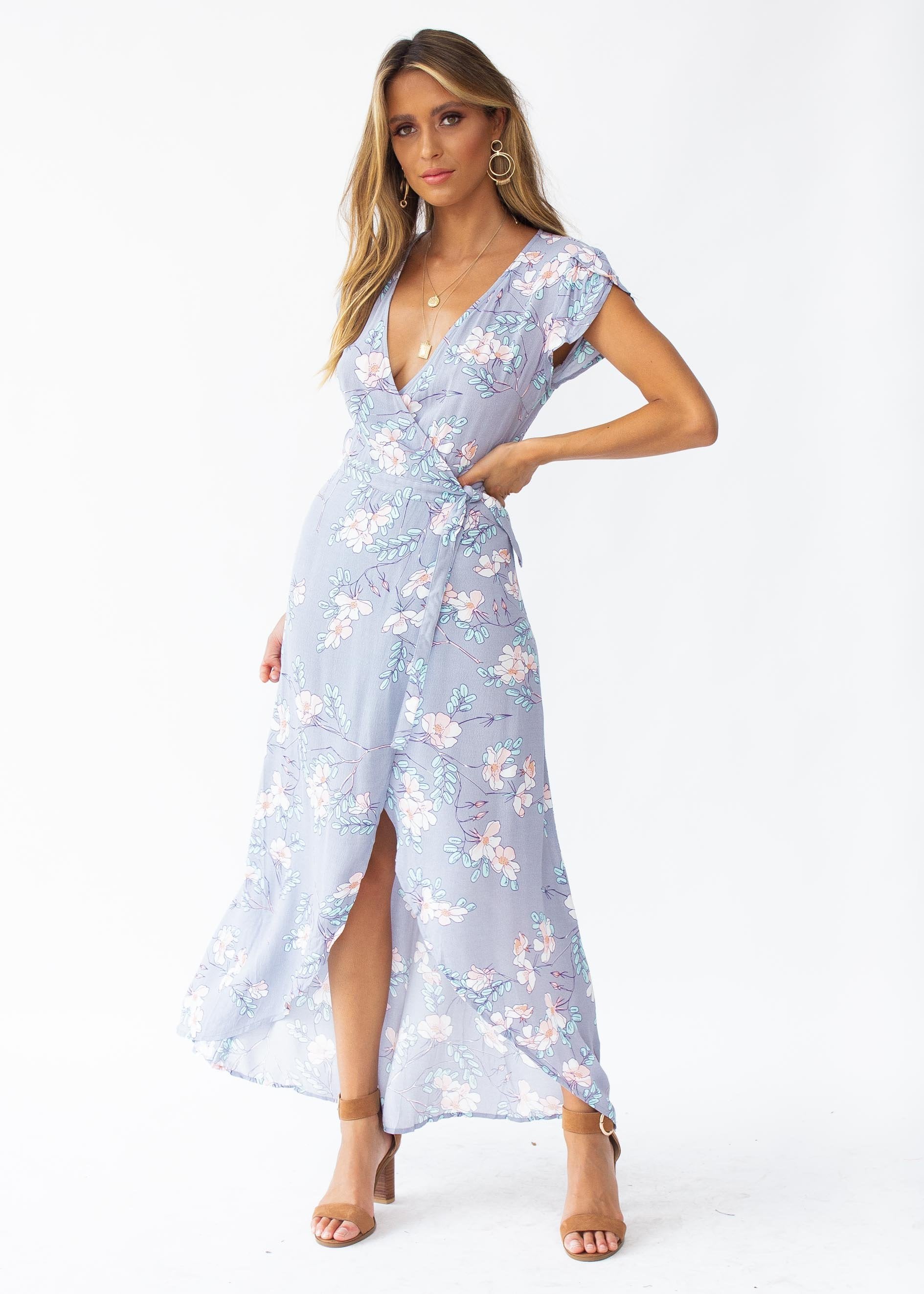 Cortez Maxi Wrap Dress - Silver Skies