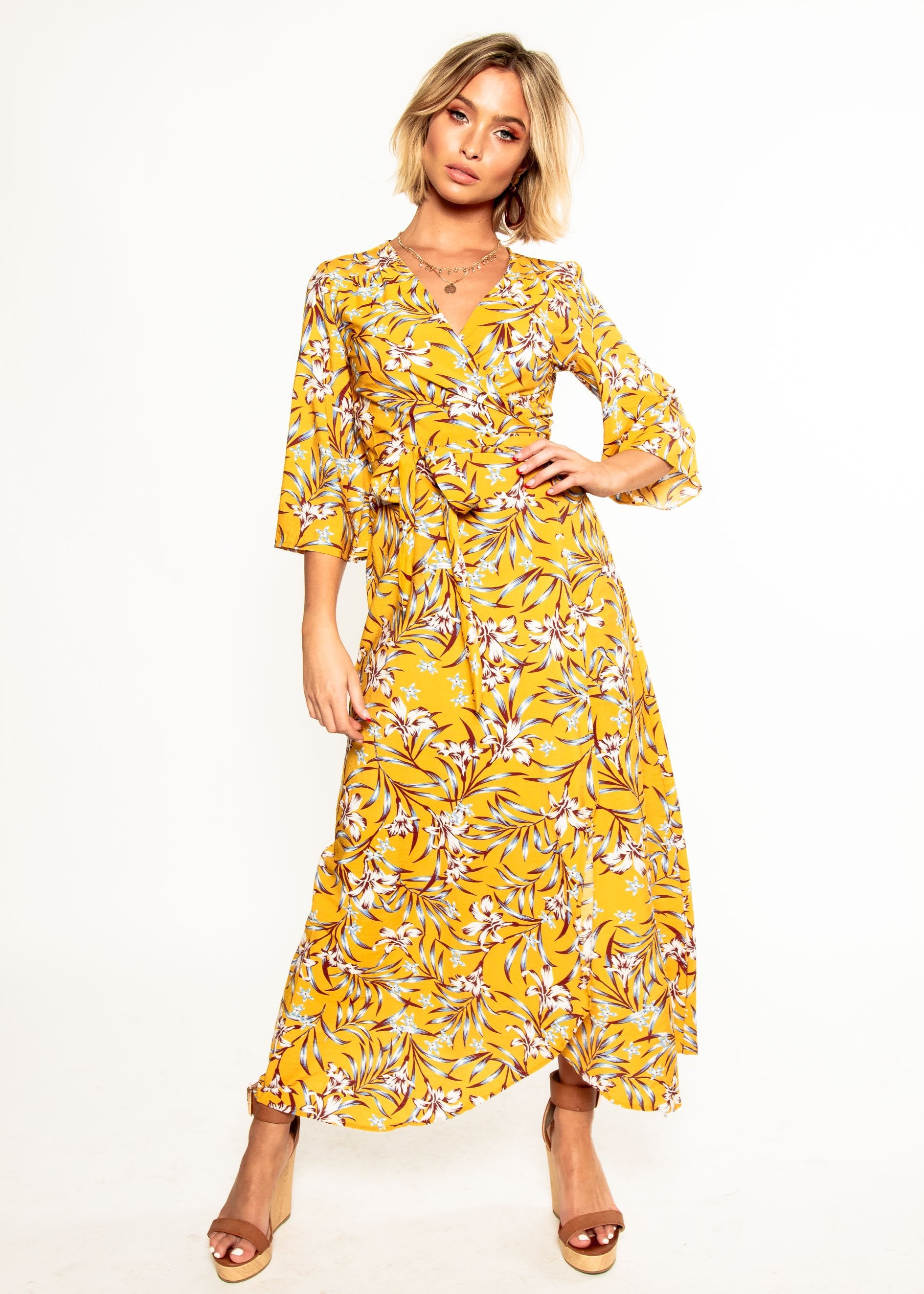 Anabella Maxi Wrap Dress - Mustard Floral