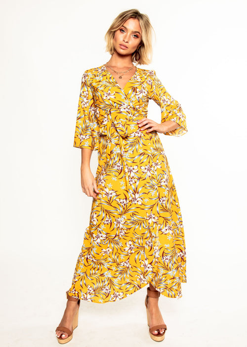 Anabella Maxi Wrap Dress - Mustard Floral