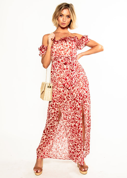 Siren Off Shoulder Pantsuit - Red Floral