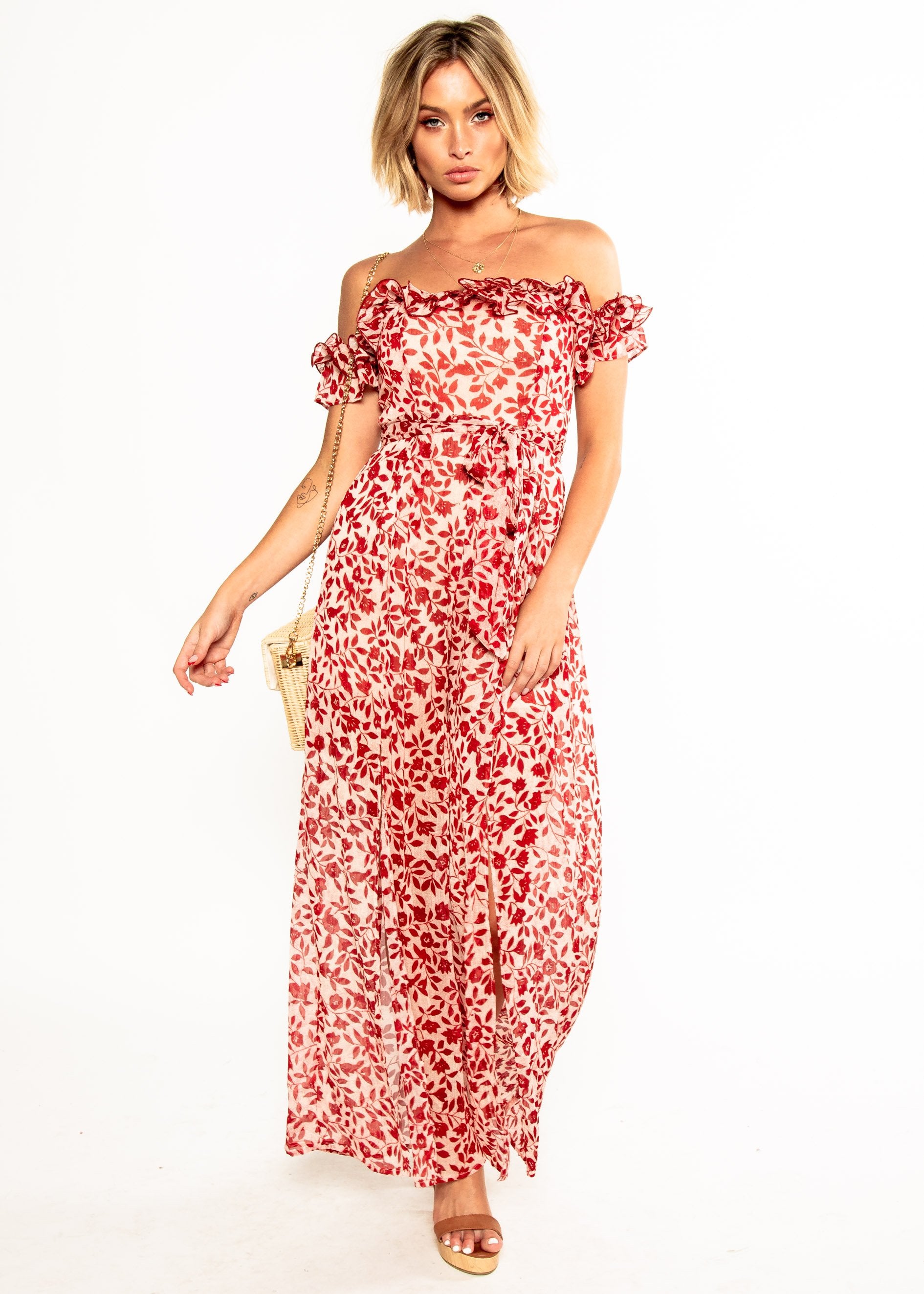 Siren Off Shoulder Pantsuit - Red Floral