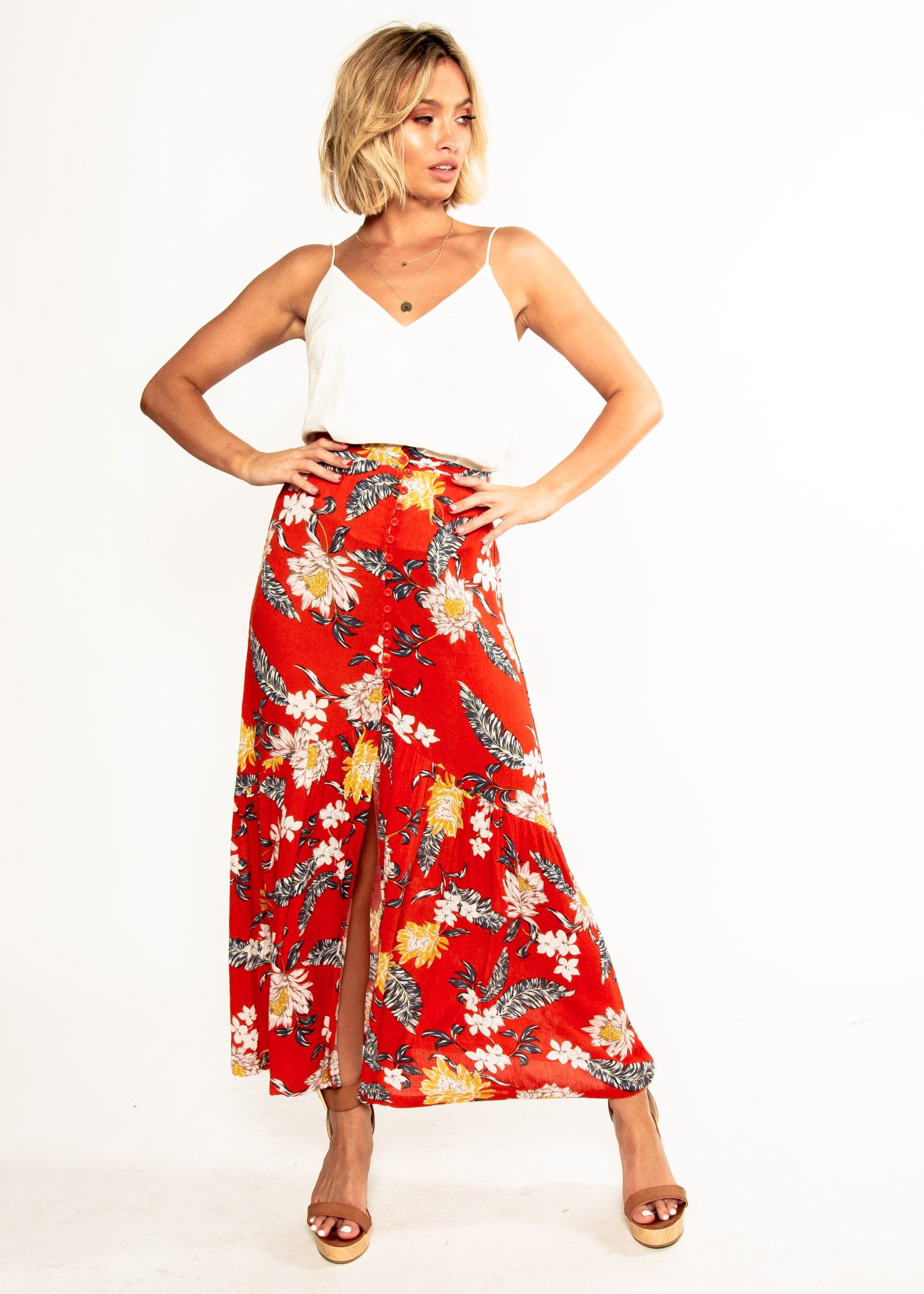 Camelia Maxi Skirt - Red Floral