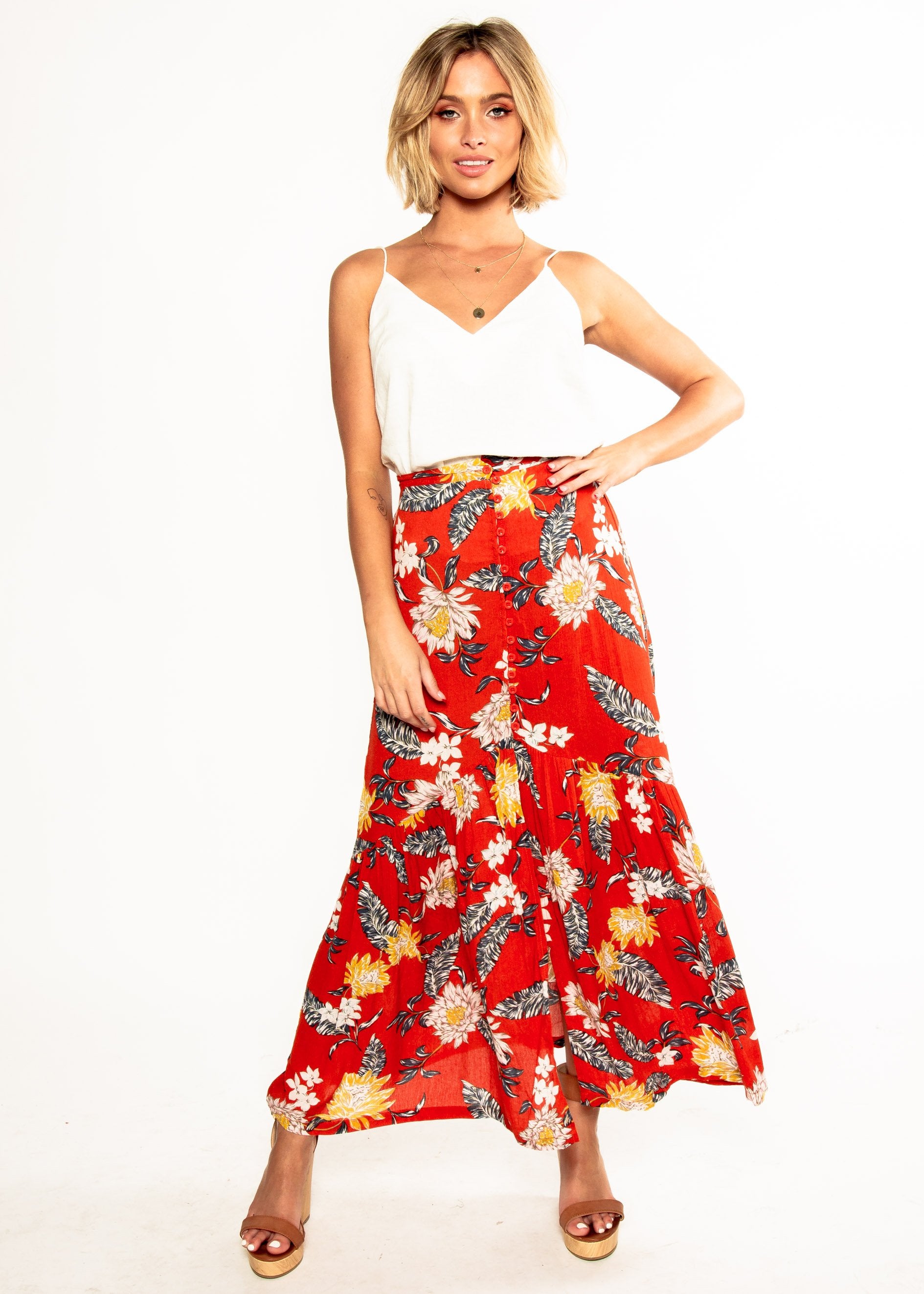 Camelia Maxi Skirt - Red Floral