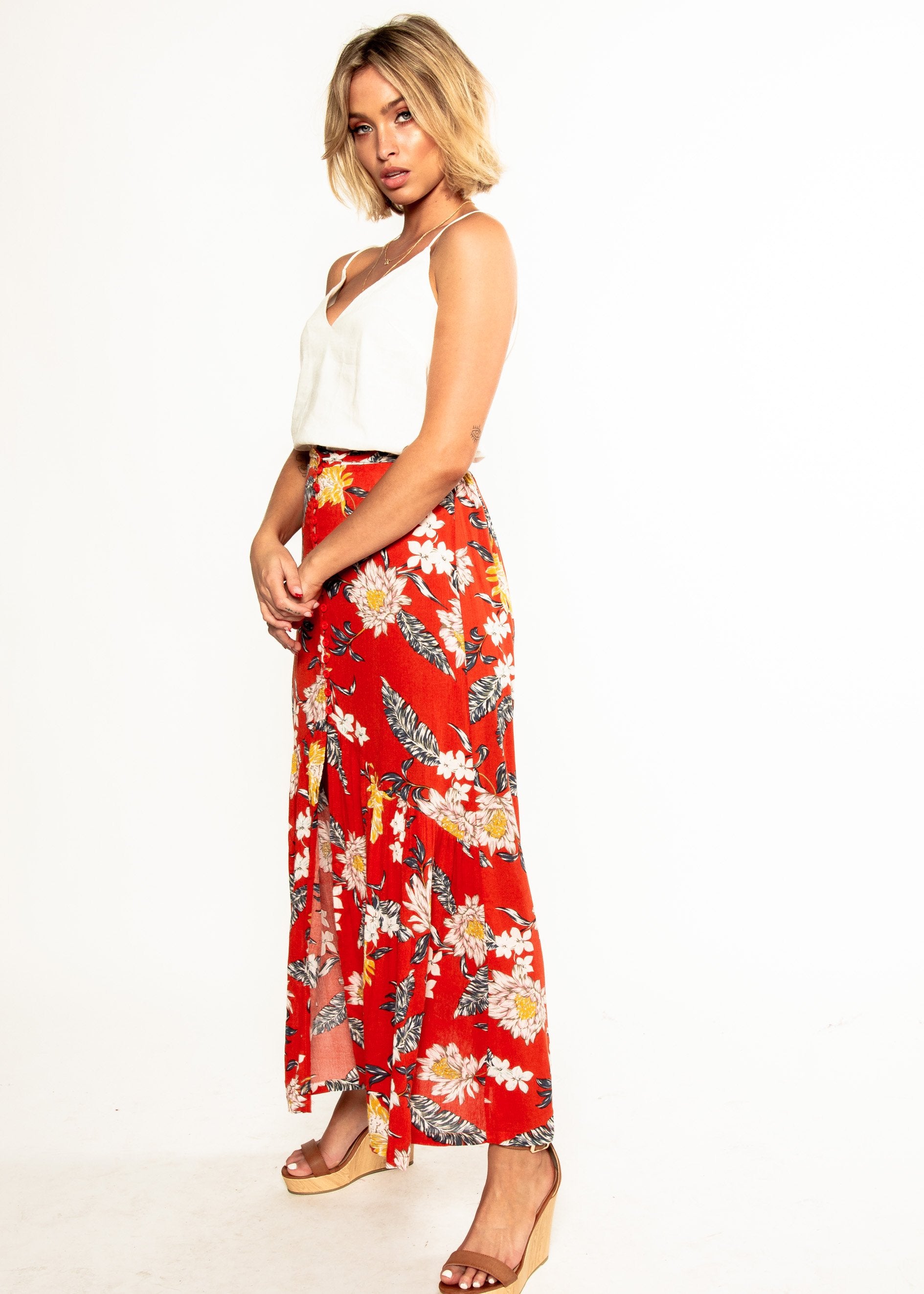 Camelia Maxi Skirt - Red Floral