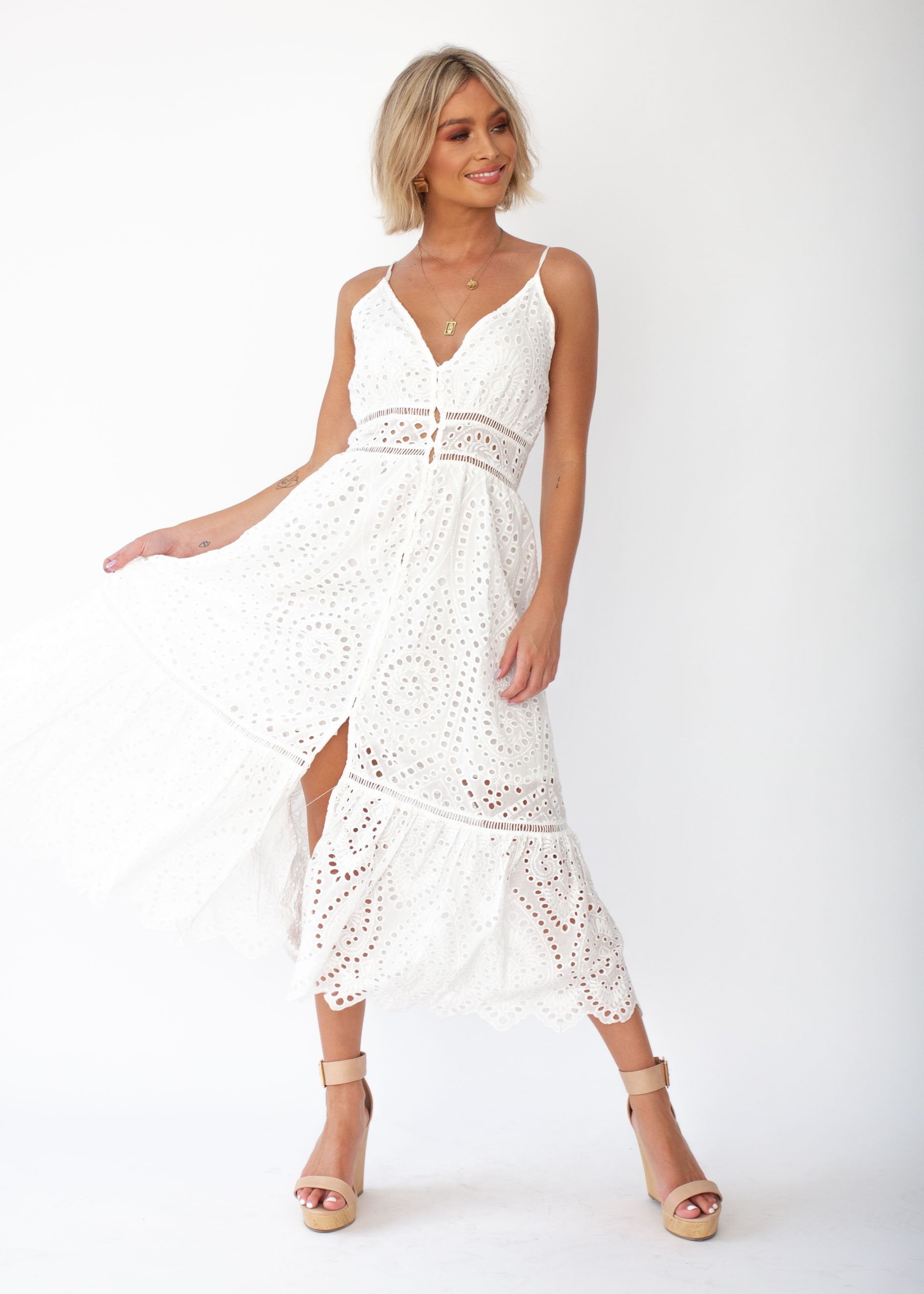 Rayleigh Midi Dress - White Anglaise