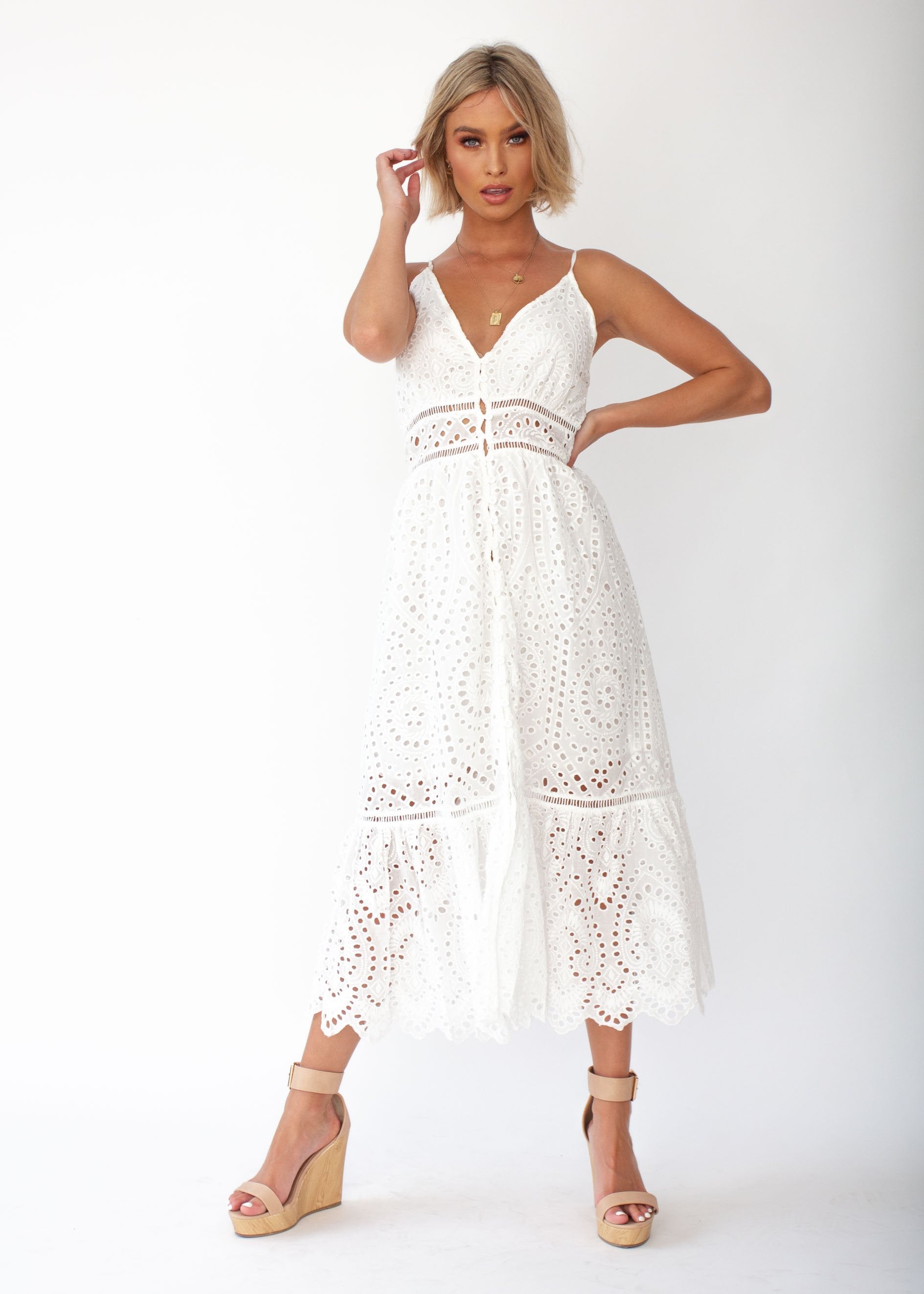 Rayleigh Midi Dress - White Anglaise