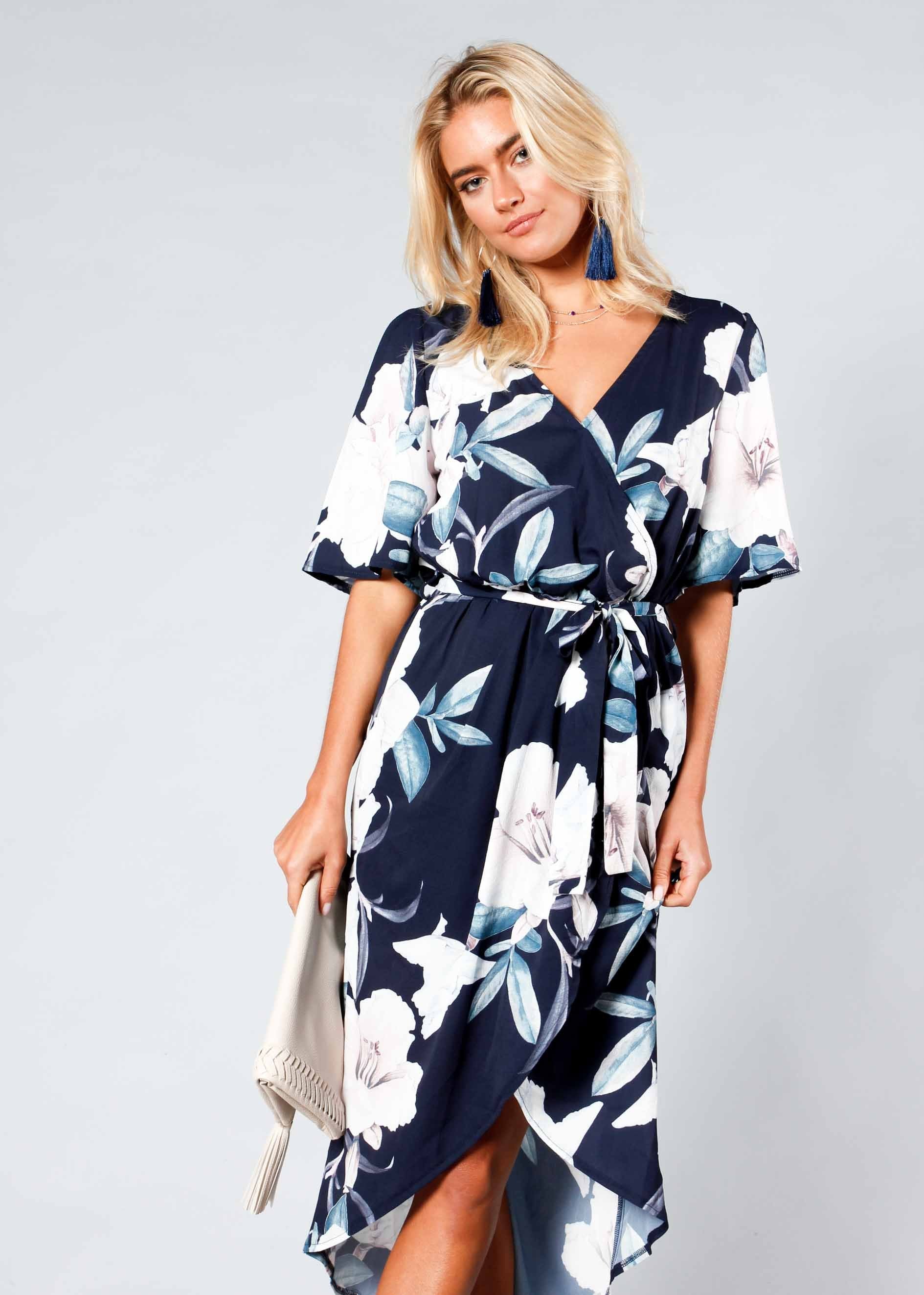 Perfect Ending Midi Dress w/ Tie - Navy Floral