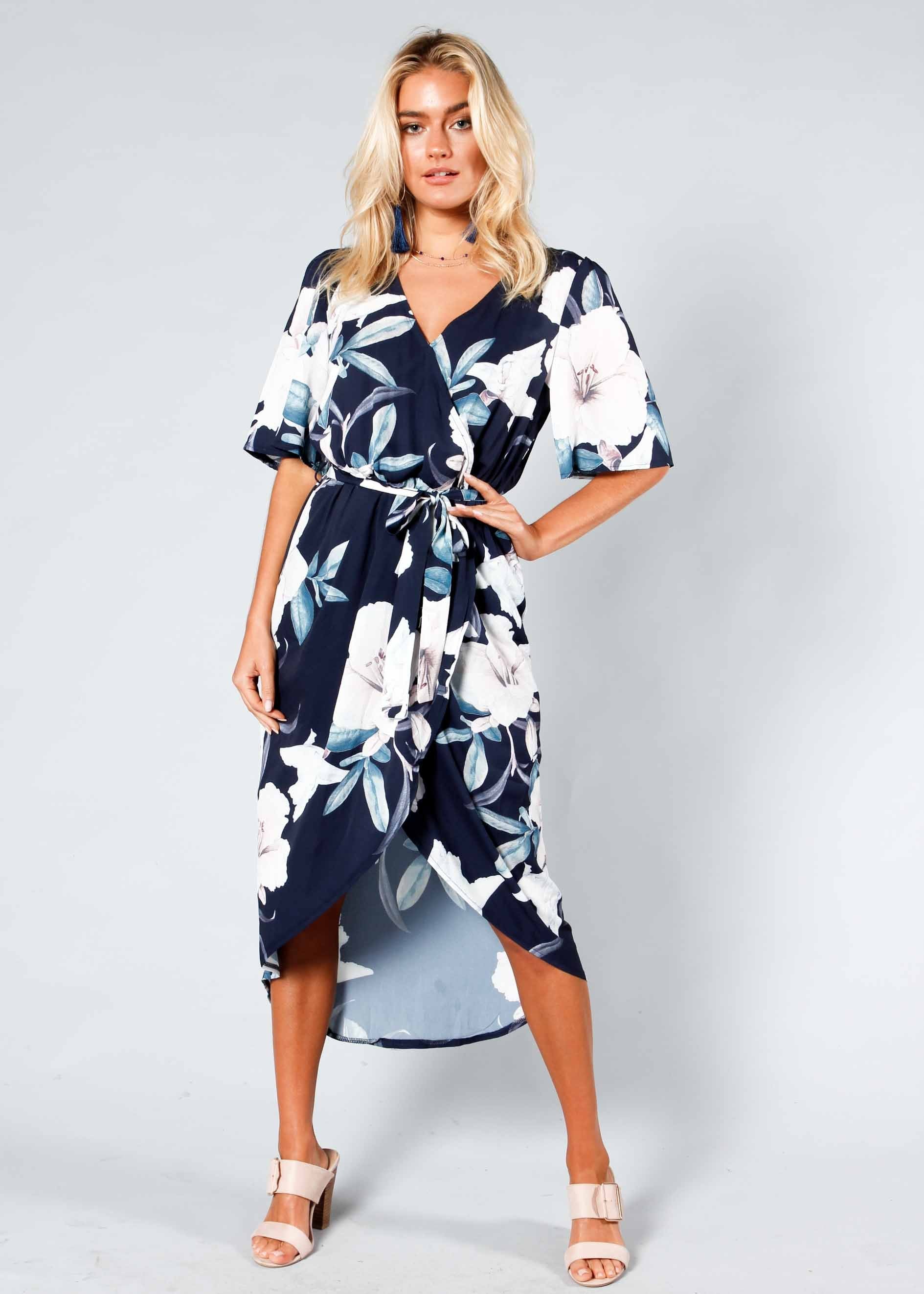 Perfect Ending Midi Dress w/ Tie - Navy Floral