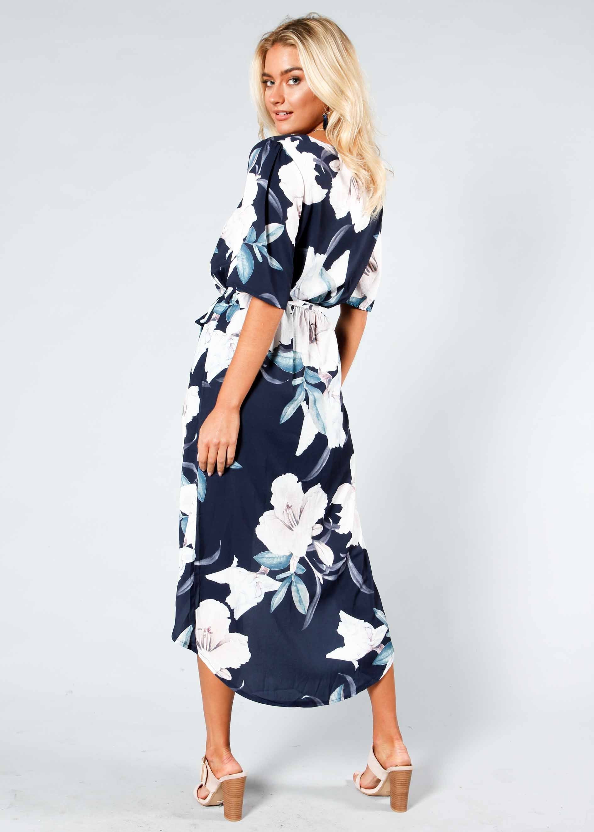 Perfect Ending Midi Dress w/ Tie - Navy Floral