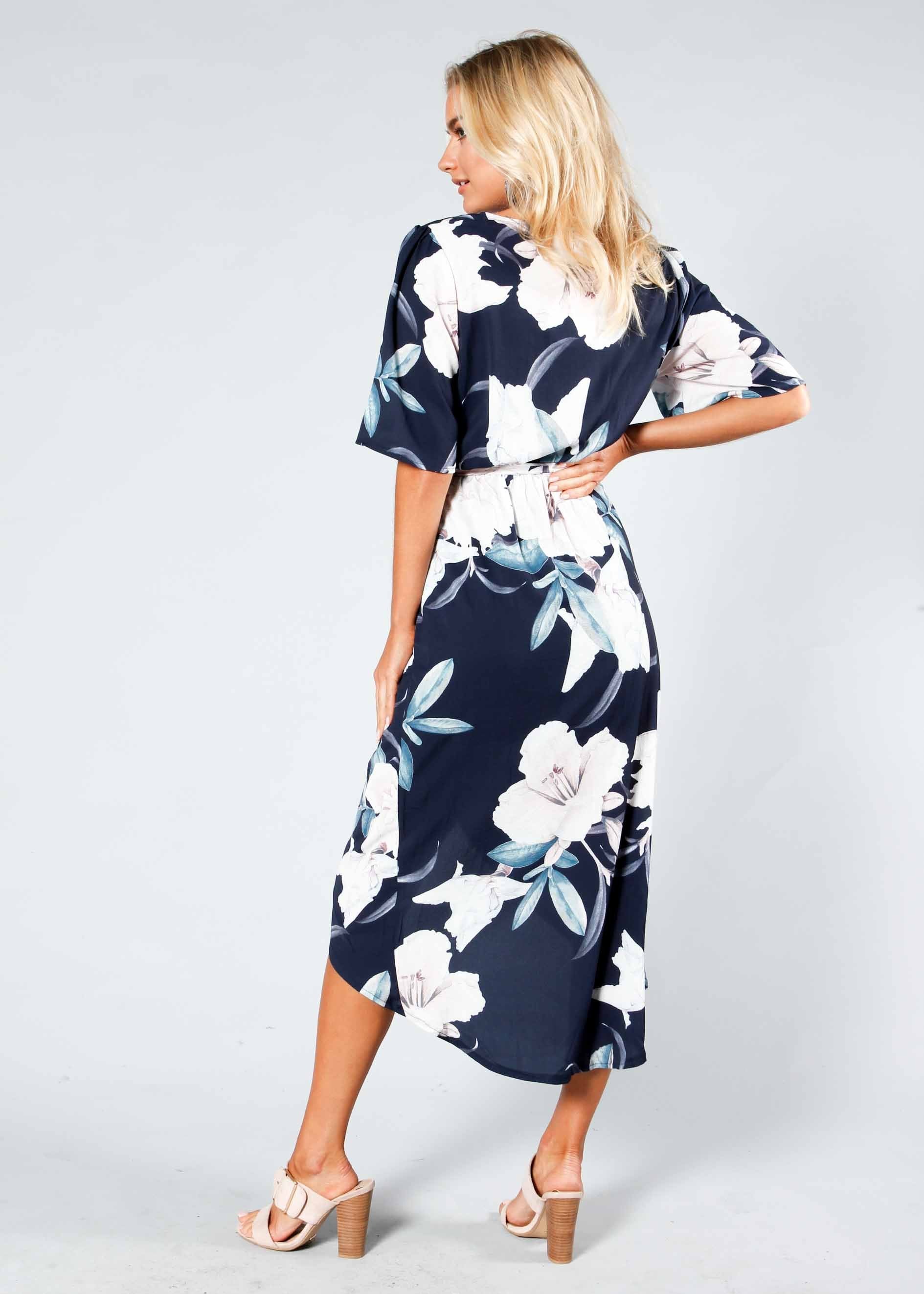 Perfect Ending Midi Dress w/ Tie - Navy Floral