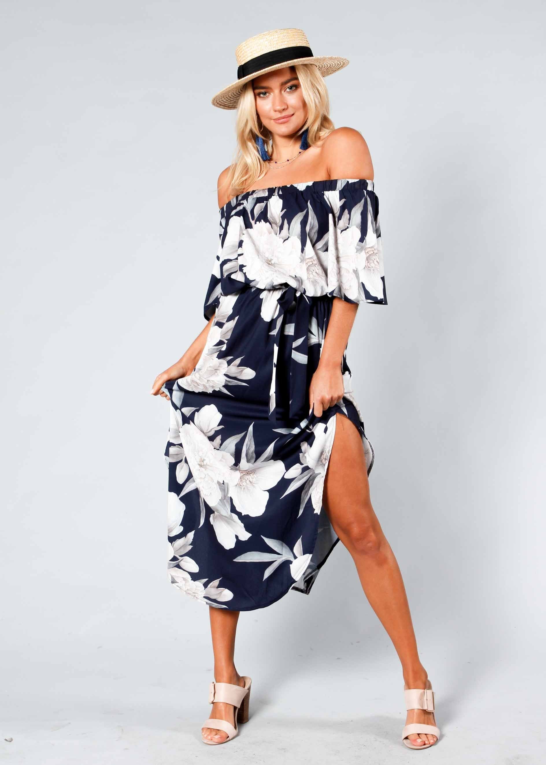 Ember Off Shoulder Midi Dress w/ Tie - Navy Floral