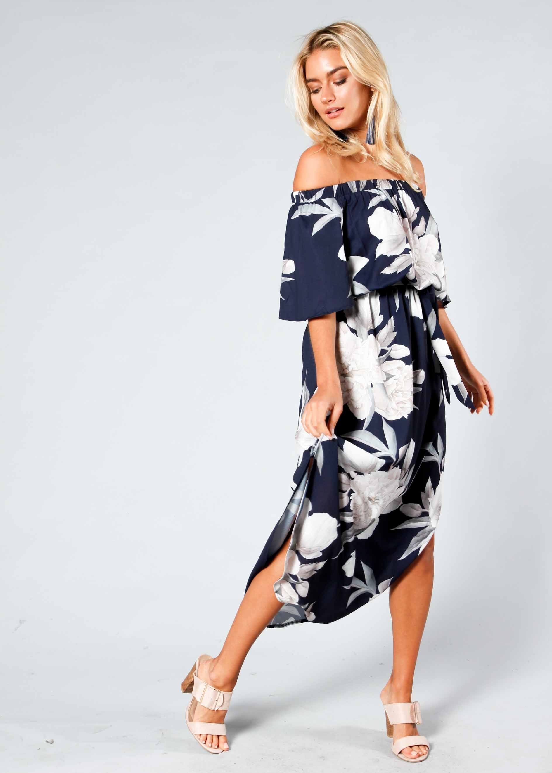 Ember Off Shoulder Midi Dress w/ Tie - Navy Floral